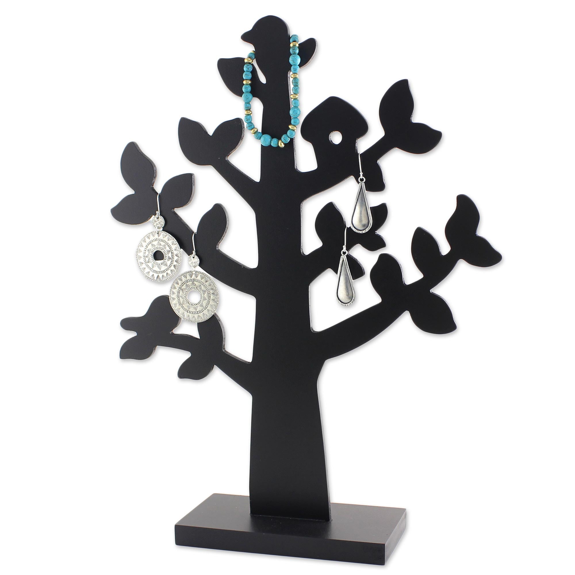 Premium Black Wood Jewelry Tree with Birdhouse - Handcrafted in Thailand