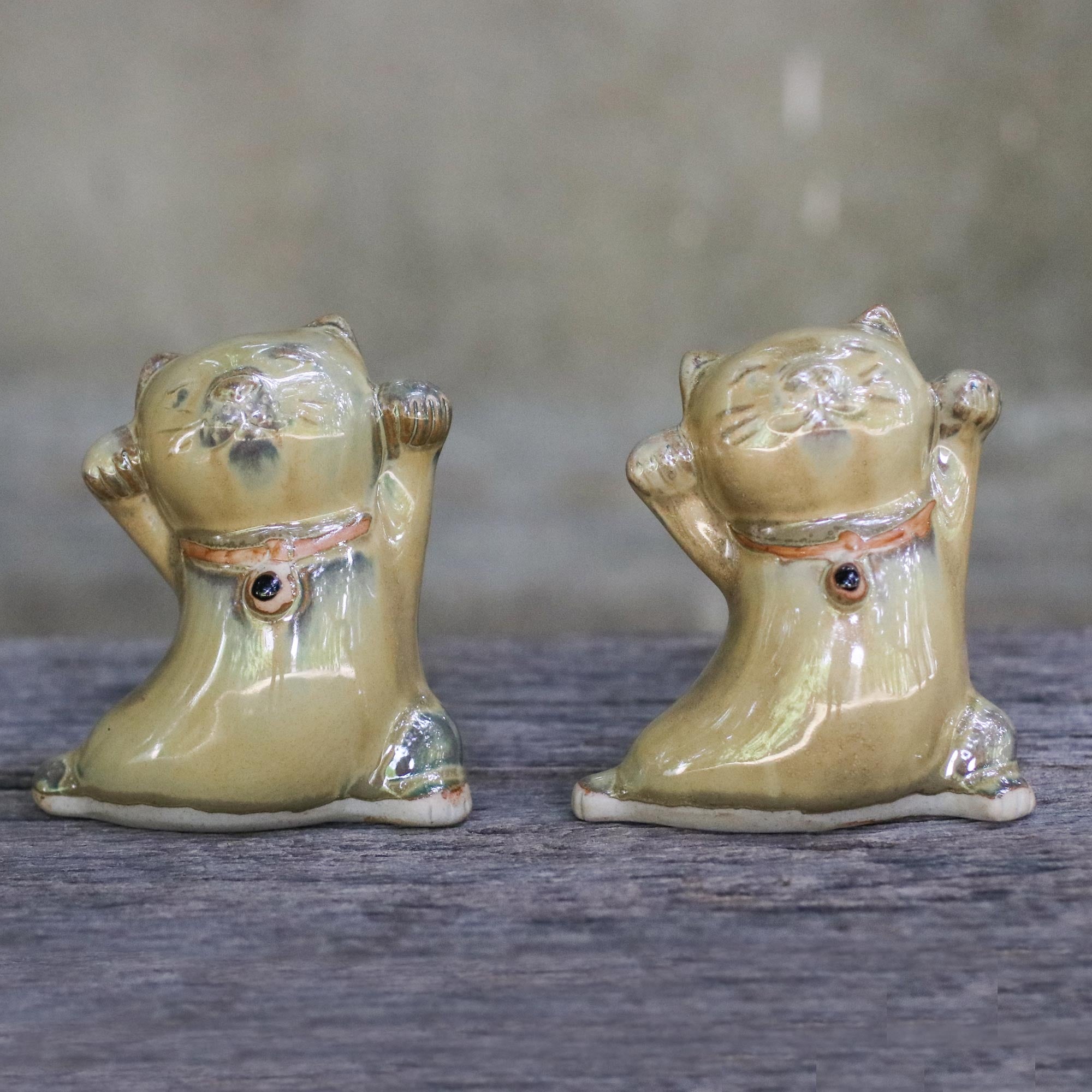 Premium Yellow Ceramic Lucky Cat Duo – Handcrafted in Thailand