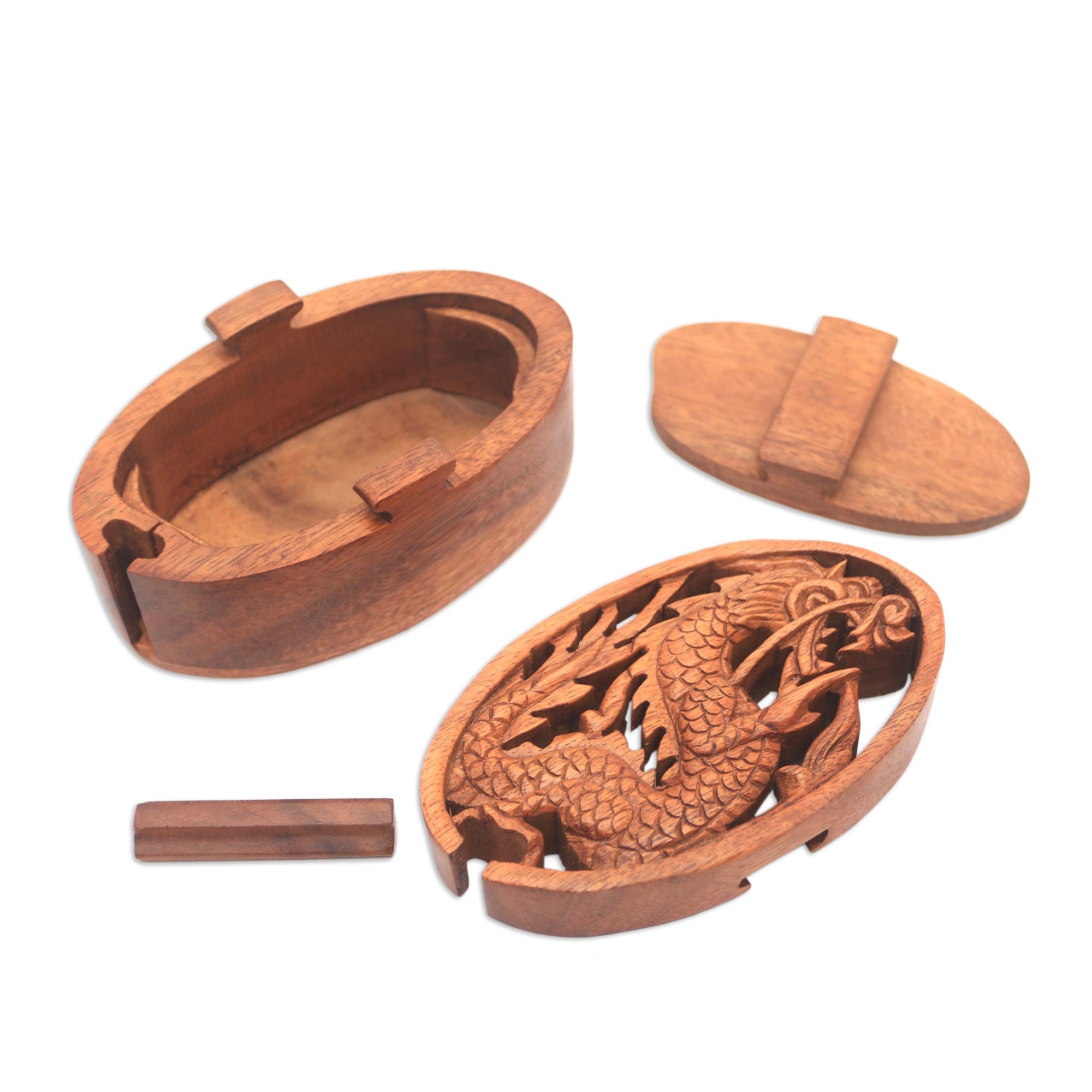 Premium Dragon-Themed Suar Wood Puzzle Box - Handcrafted Oval Design from Bali