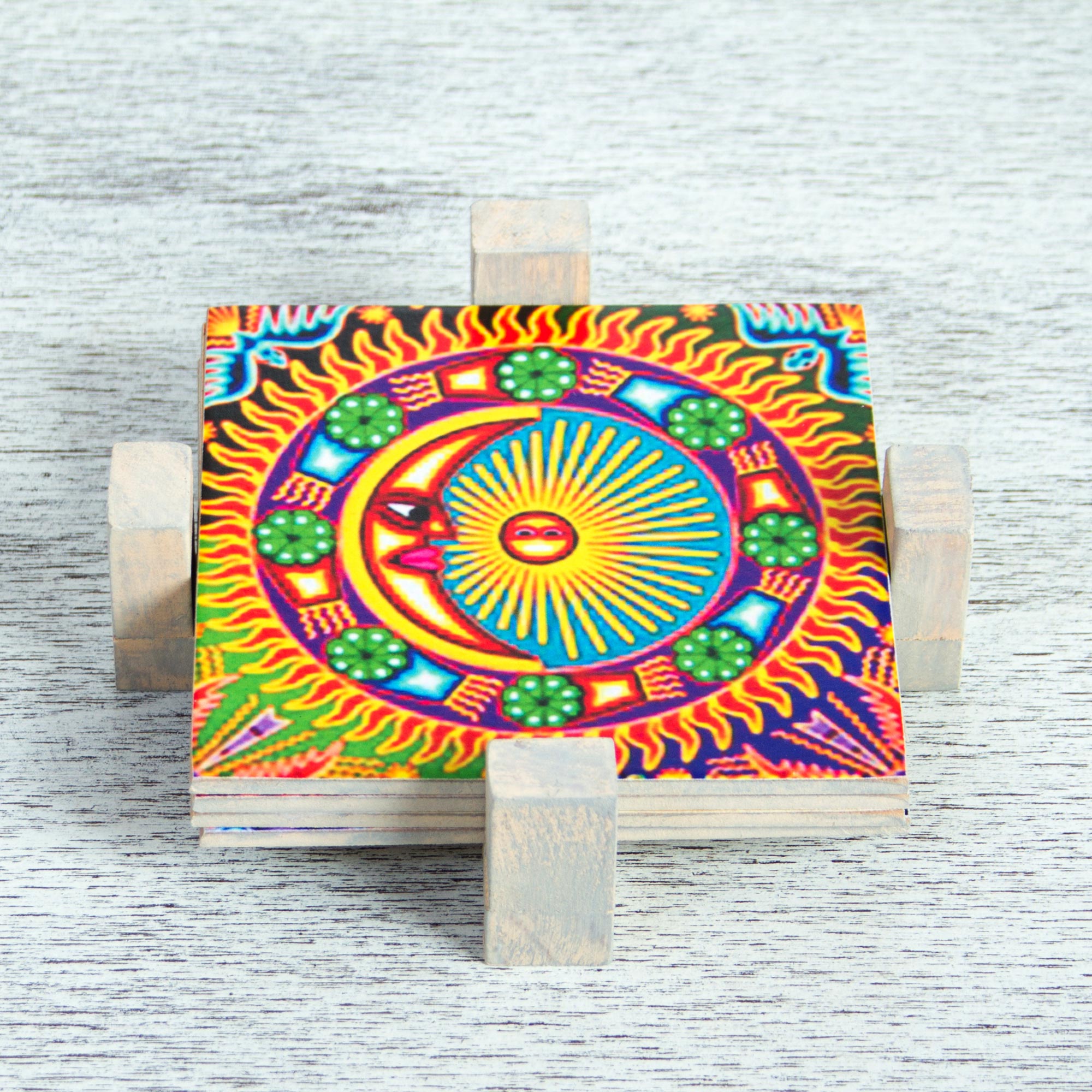 Premium Huichol Sun & Moon Coaster Set – Handcrafted Mexican Pinewood Decor