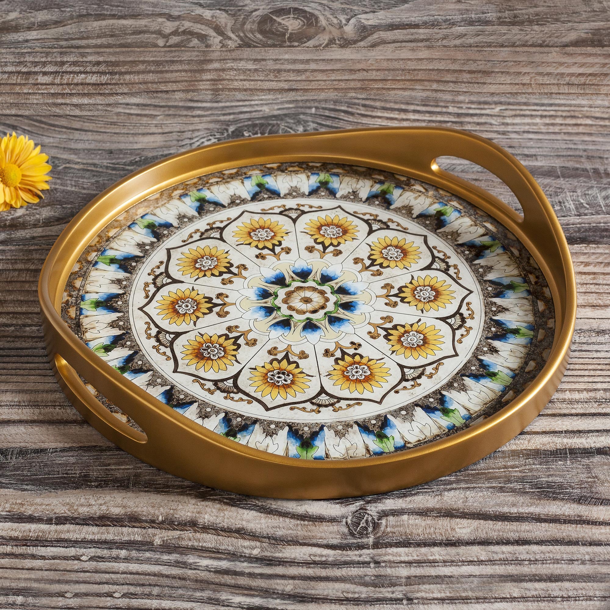 Premium Andean Mandala Reverse-Painted Glass Tray - Blue & Gold Artisan Design