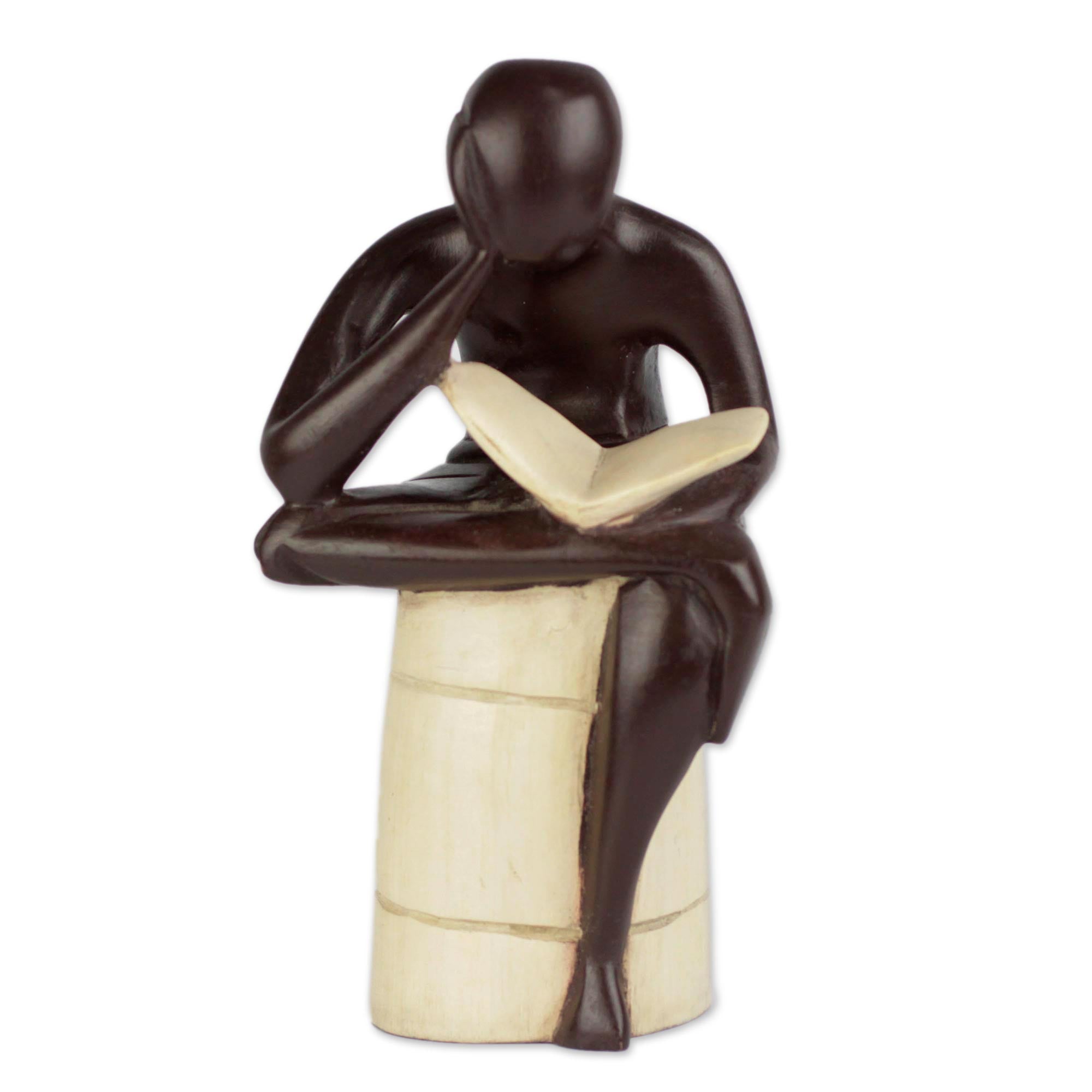 Premium Thoughtful Reader Sculpture: Handcrafted Sese Wood Art from Ghana
