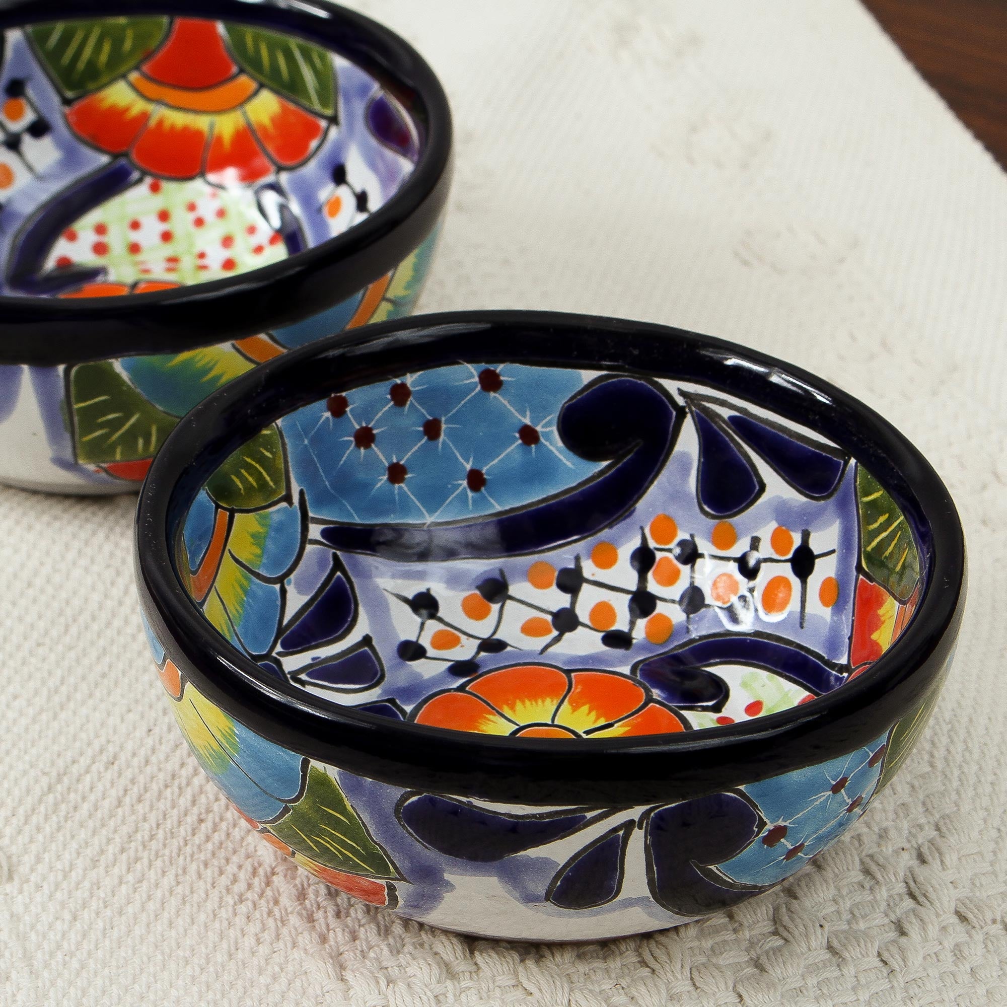 Premium Talavera Ceramic Condiment Bowls - Handcrafted Floral Design (Pair)