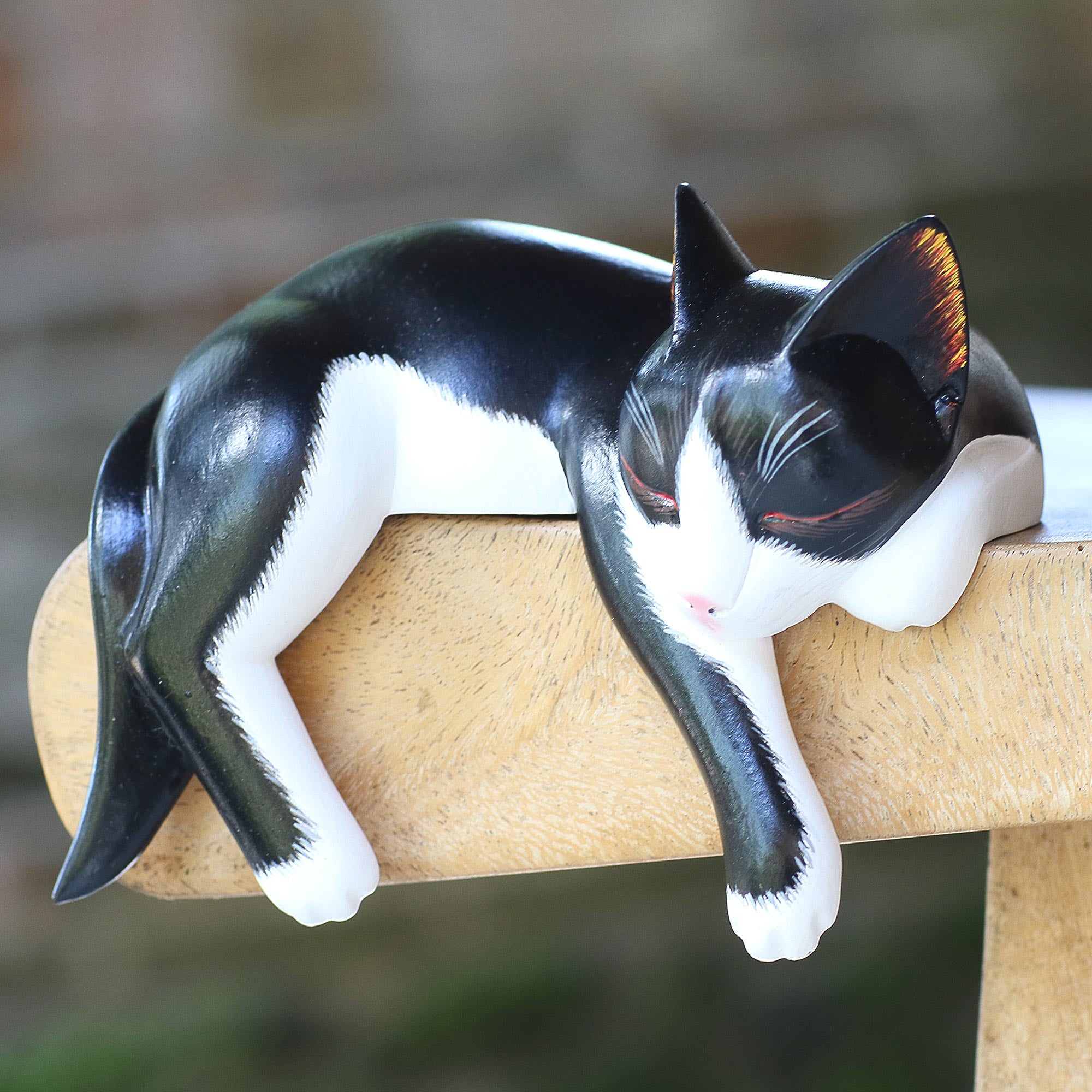 Premium Hand-Carved Balinese Tuxedo Cat Sculpture – Signed Artisan Piece