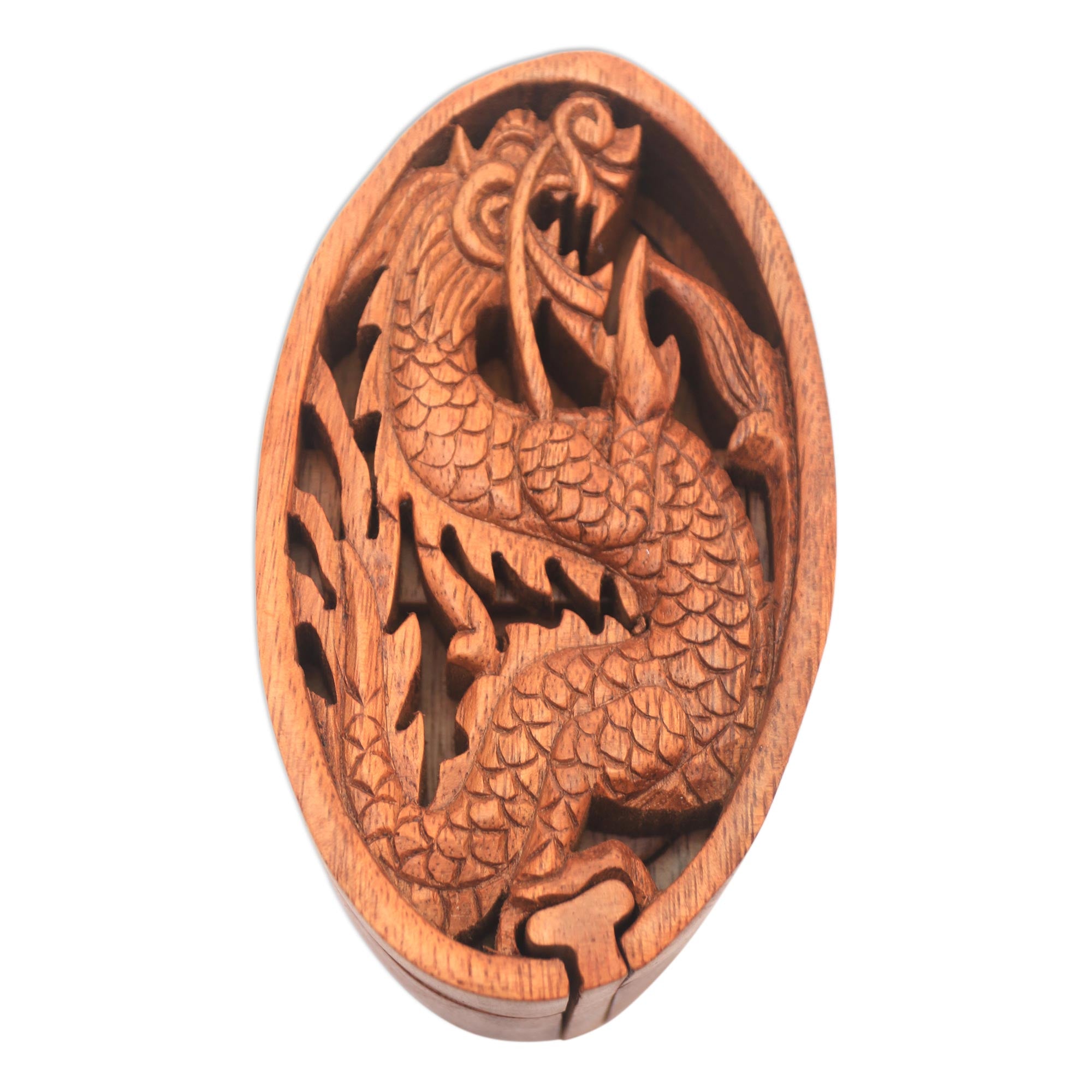 Premium Dragon-Themed Suar Wood Puzzle Box - Handcrafted Oval Design from Bali