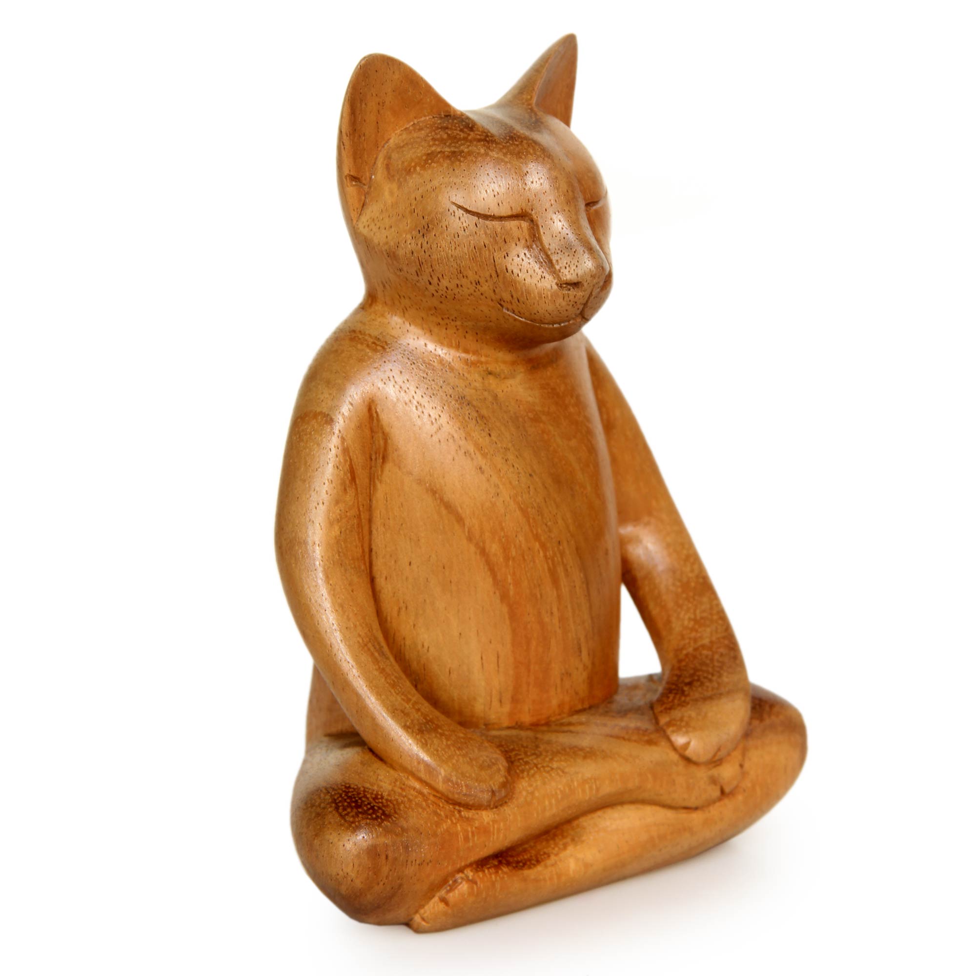 Premium Hand-Carved Suar Wood Yoga Cat Sculpture