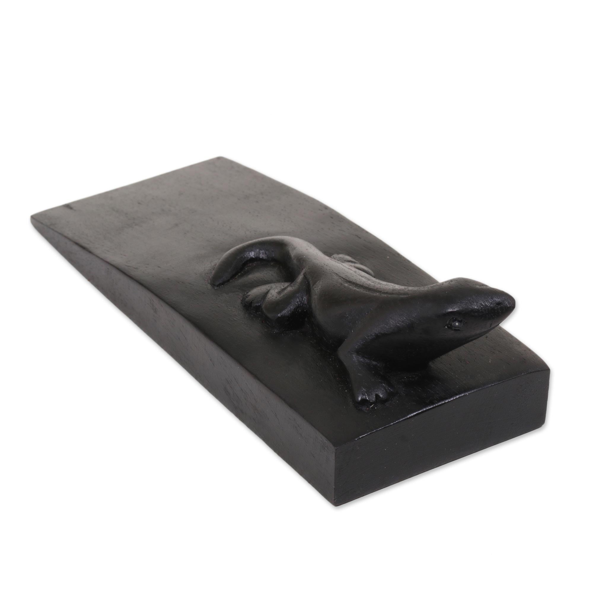 Premium Hand-Carved Suar Wood Gecko Door Stopper - Black