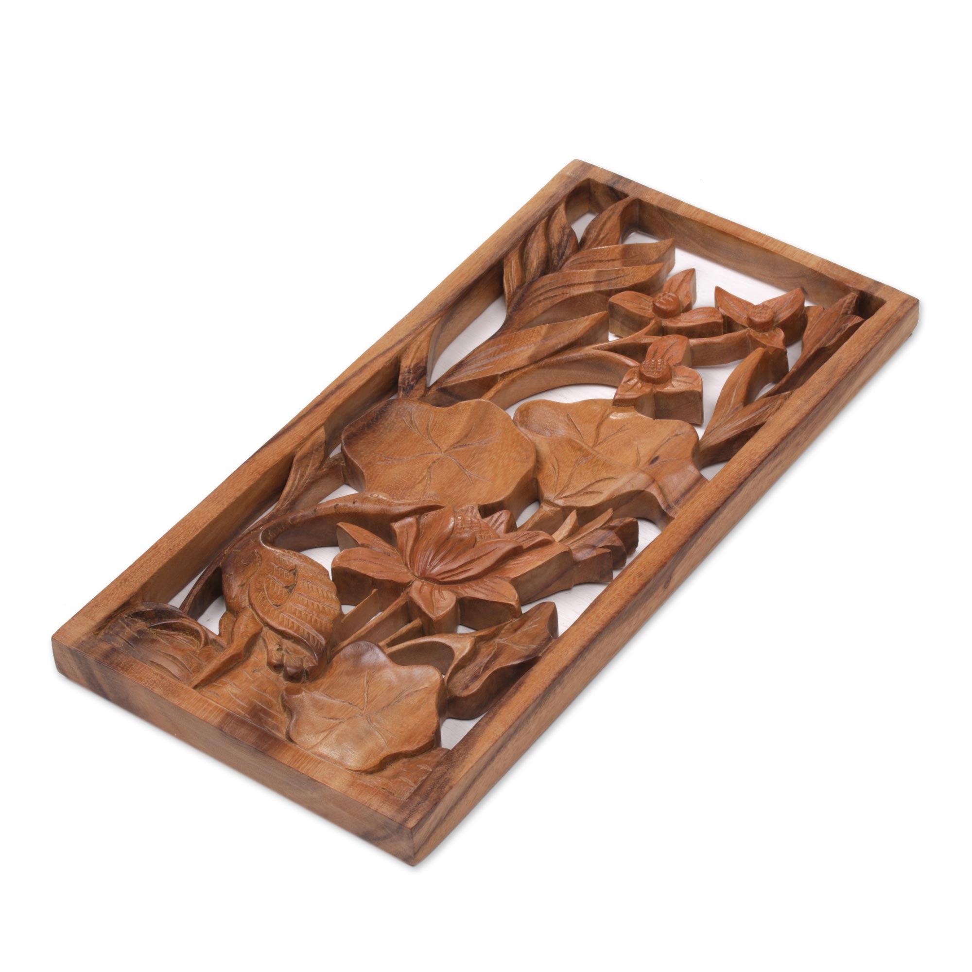 Premium Hand-Carved Heron & Lotus Wood Wall Art Panel