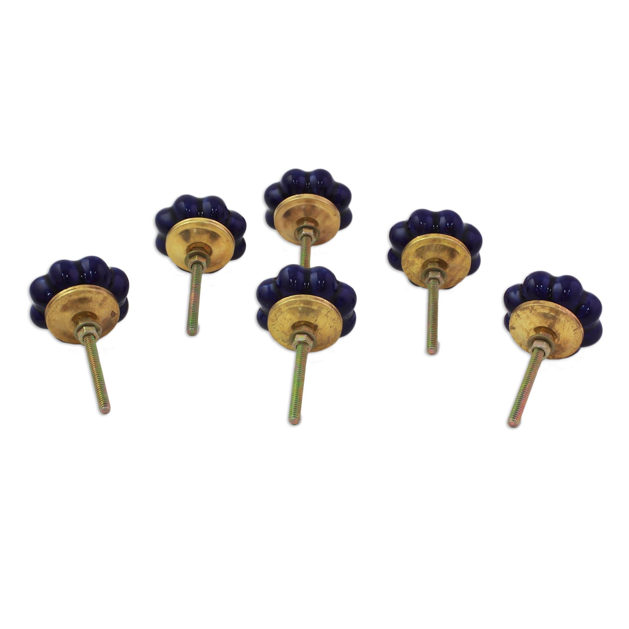 Premium Handmade Indigo Floral Ceramic Cabinet Knobs - Set of 6 (India Crafted)