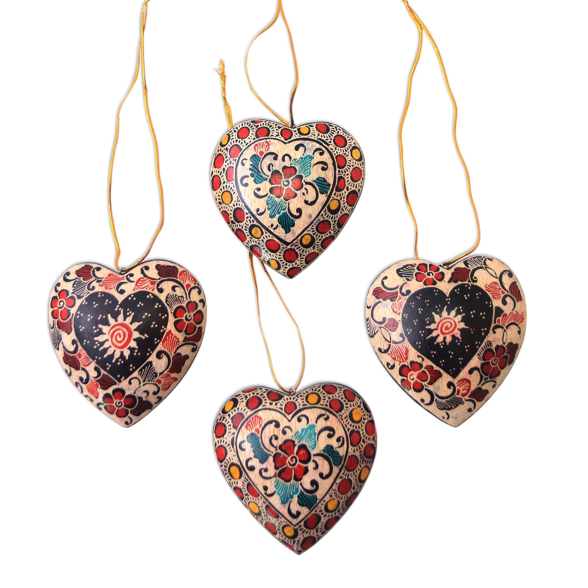 Premium Handcrafted Heart Ornaments: Floral Batik Wood Set of 4 from Java