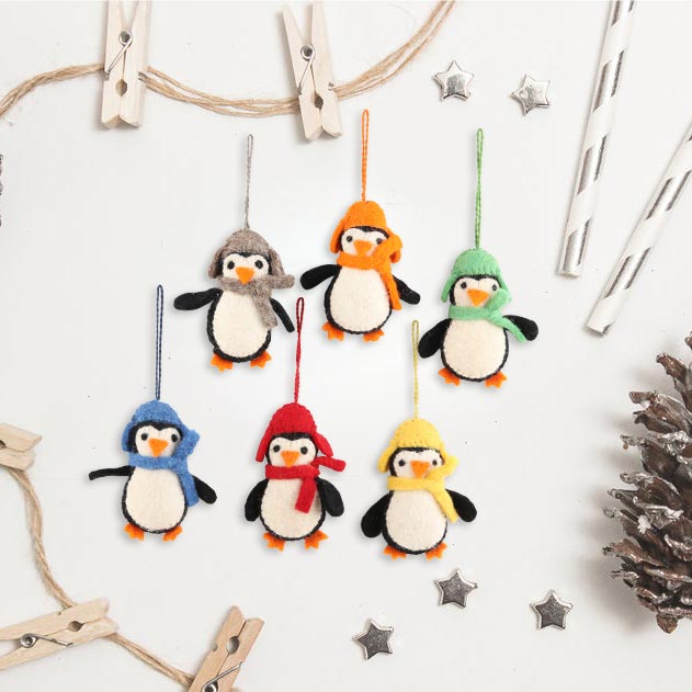 Premium Handmade Felted Wool Penguin Ornaments - Cozy Winter Set of 6