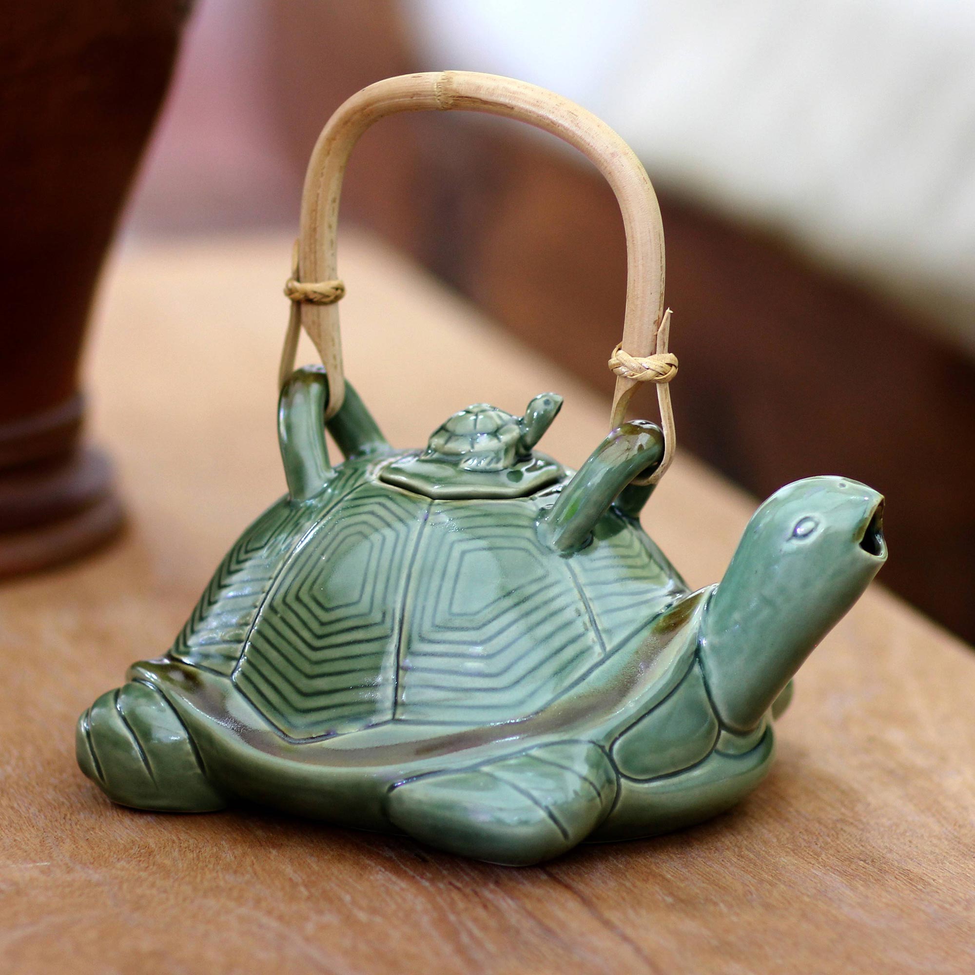 Premium Mother Sea Turtle Green Ceramic Teapot with Rattan Handle - Upgrade Your Tea Ritual