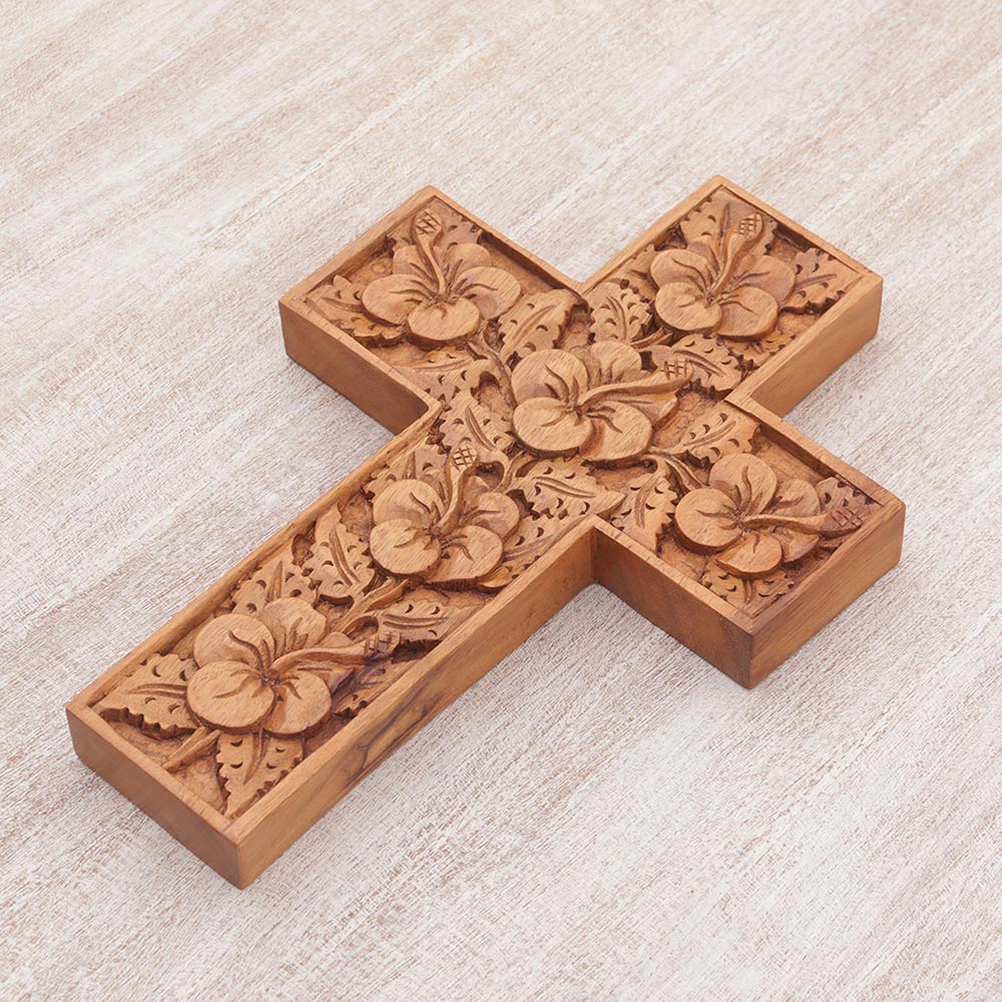 Premium Hand-Carved Hibiscus Wood Cross Sculpture - Tropical Elegance