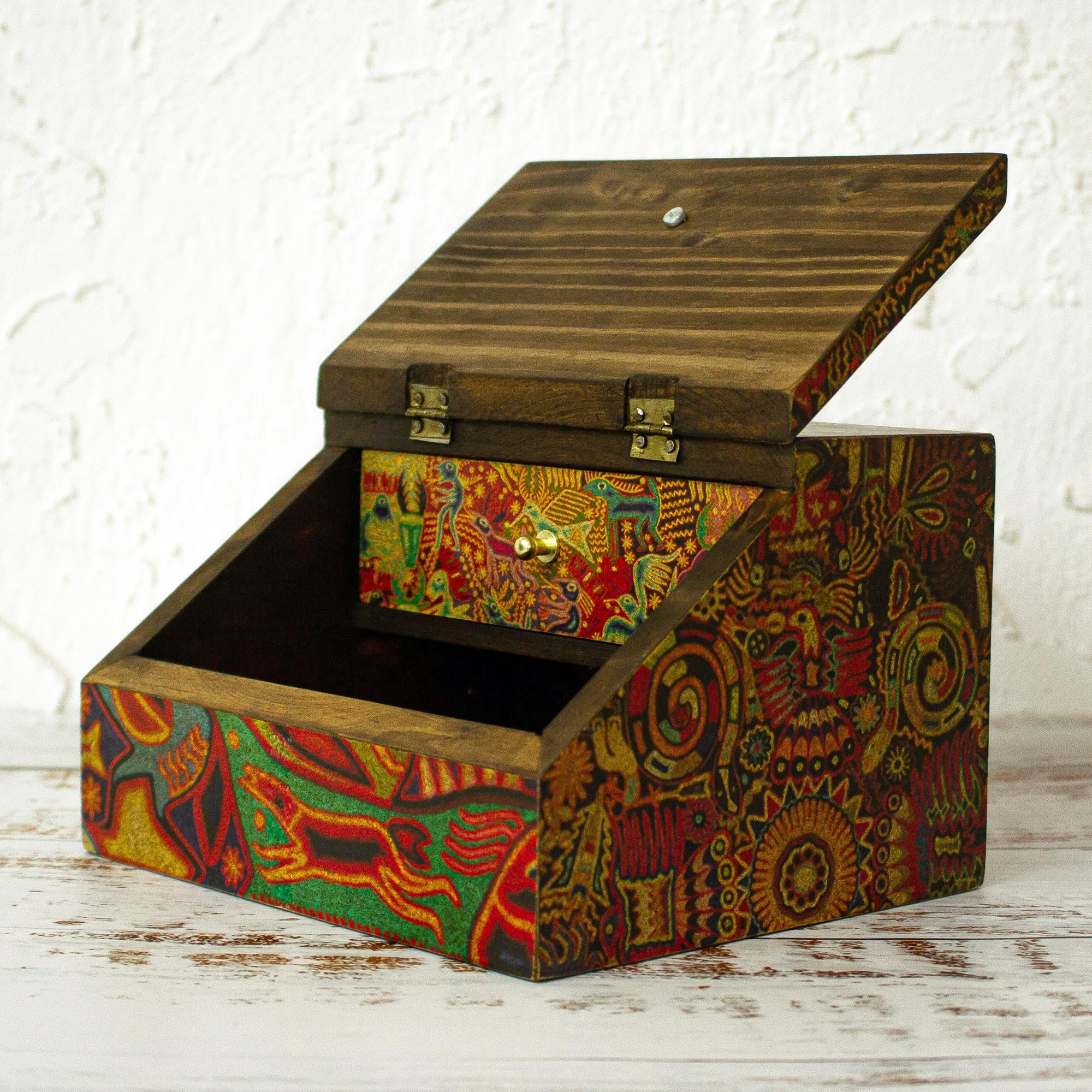 Premium Huichol Art Jewelry Box - Handcrafted 6-Inch Wooden Keepsake