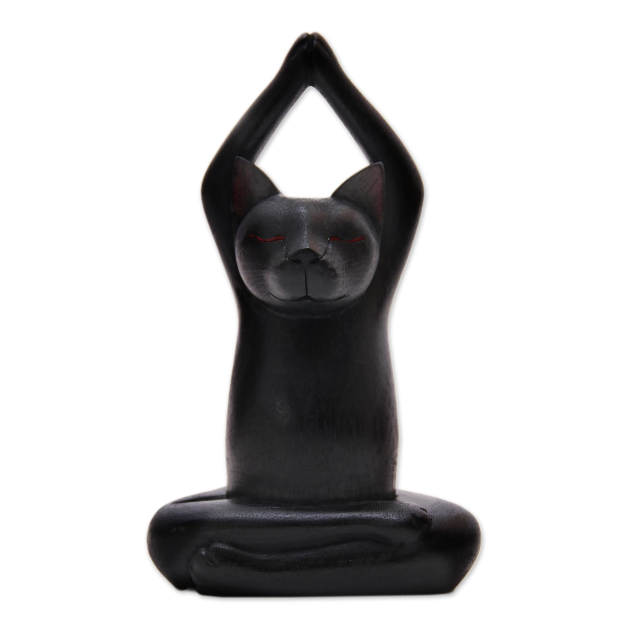 Premium Black Yoga Cat Sculpture - Handcrafted Suar Wood Art from Bali