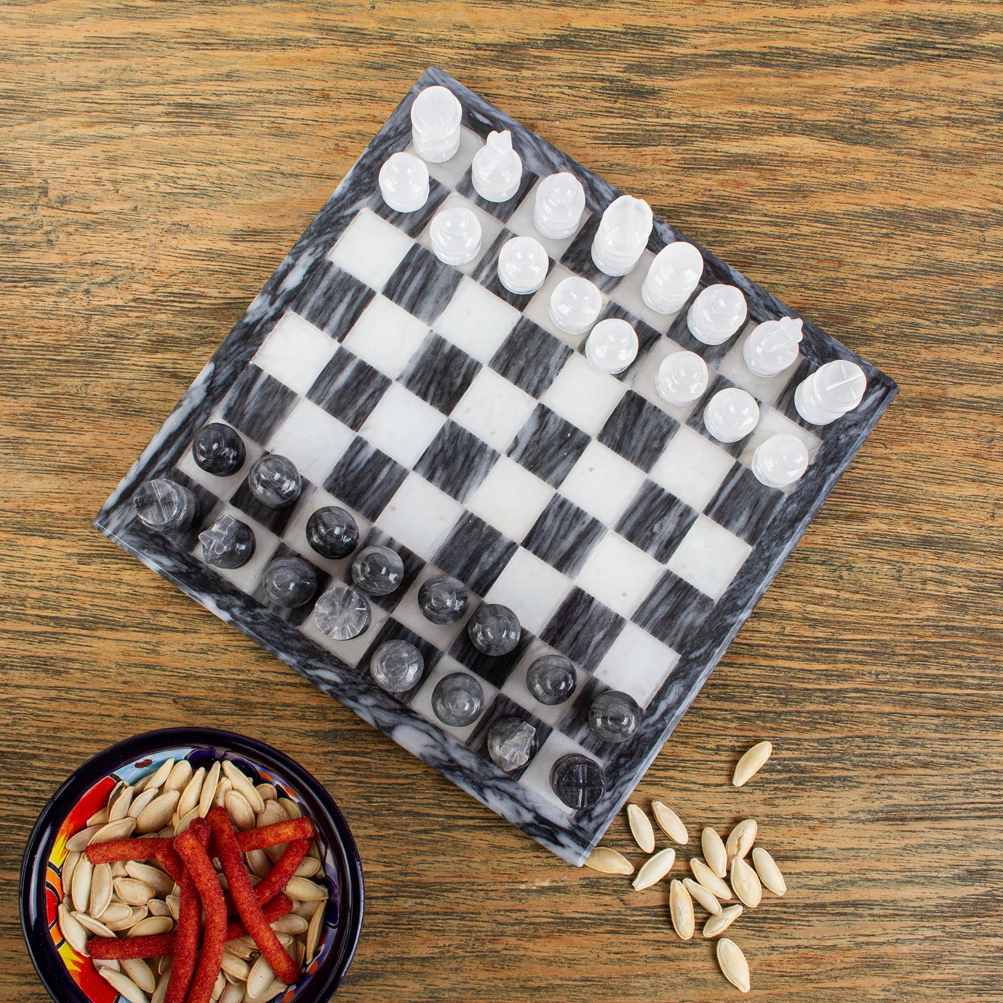 Premium White and Ash Mexican Onyx & Grey Marble Travel Chess Set