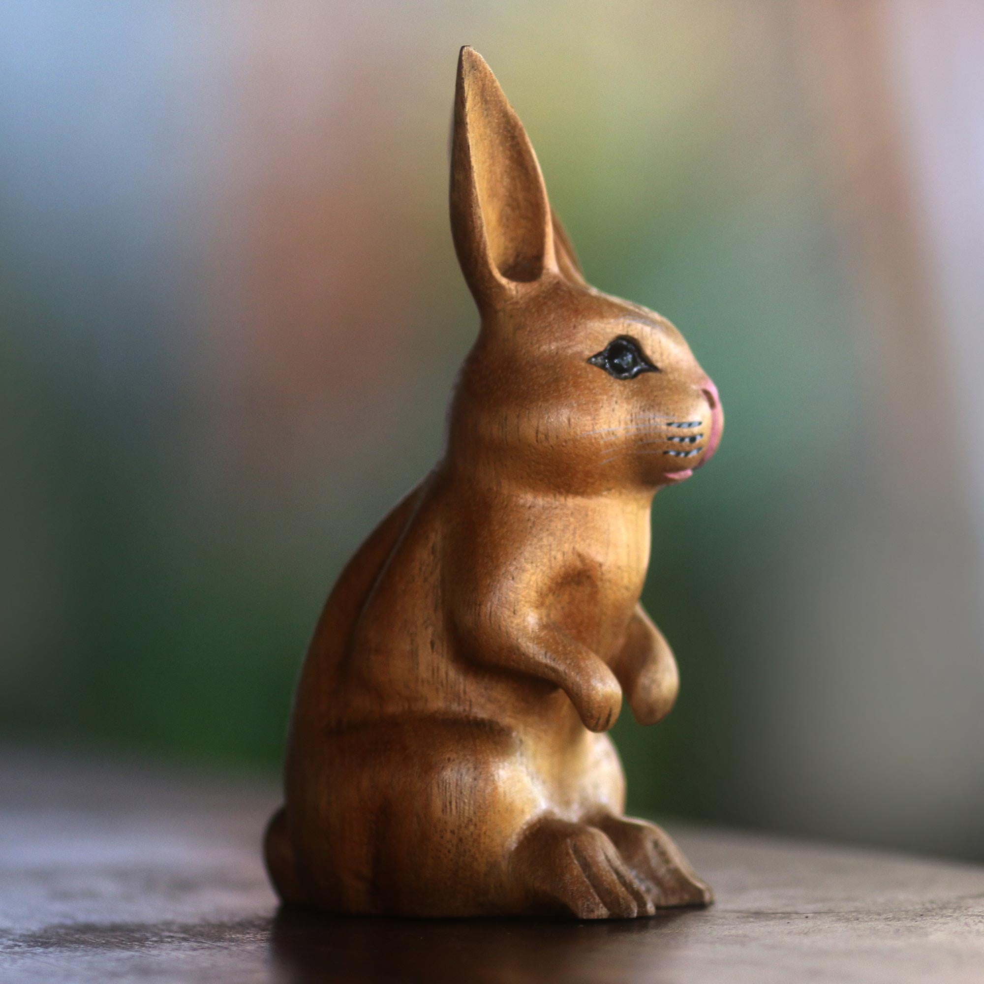 Premium Hand-Carved Brown Bunny Sculpture from Bali - Signed Artisan Piece