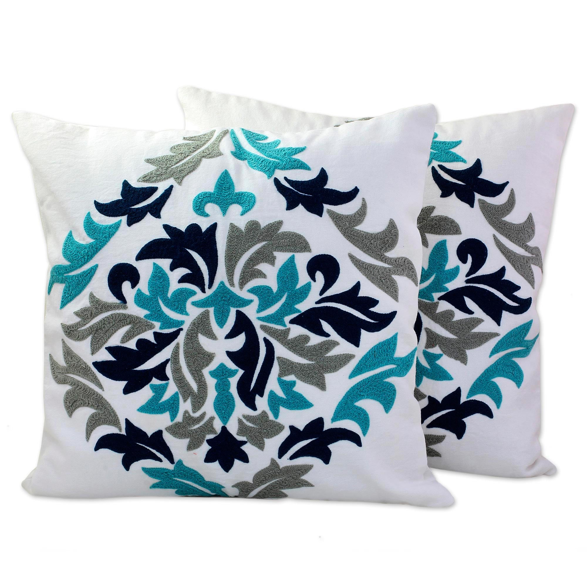 Premium Handcrafted Cotton Cushion Covers with Embroidered Fresh Leaves Design (Pair)