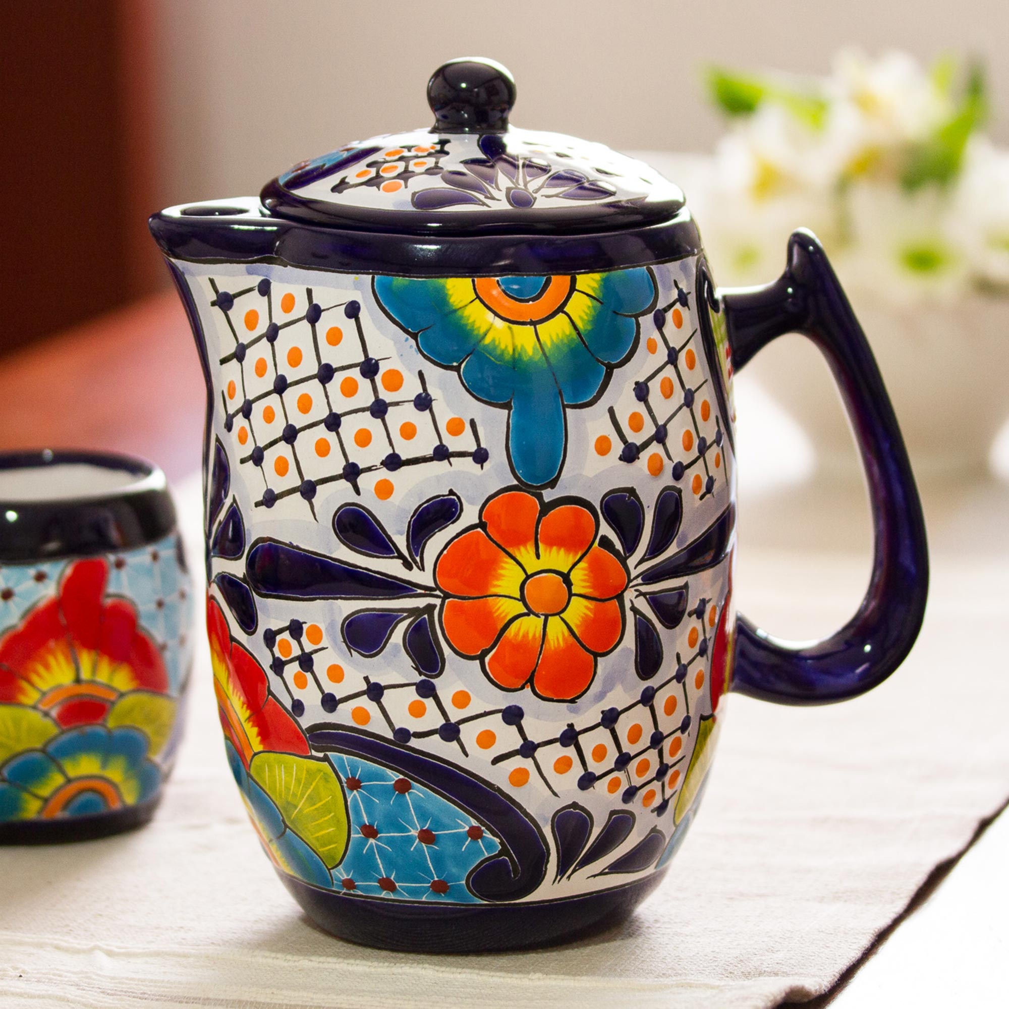 Premium Hand-Painted Talavera Ceramic Coffee Pot - 'Raining Flowers' Design