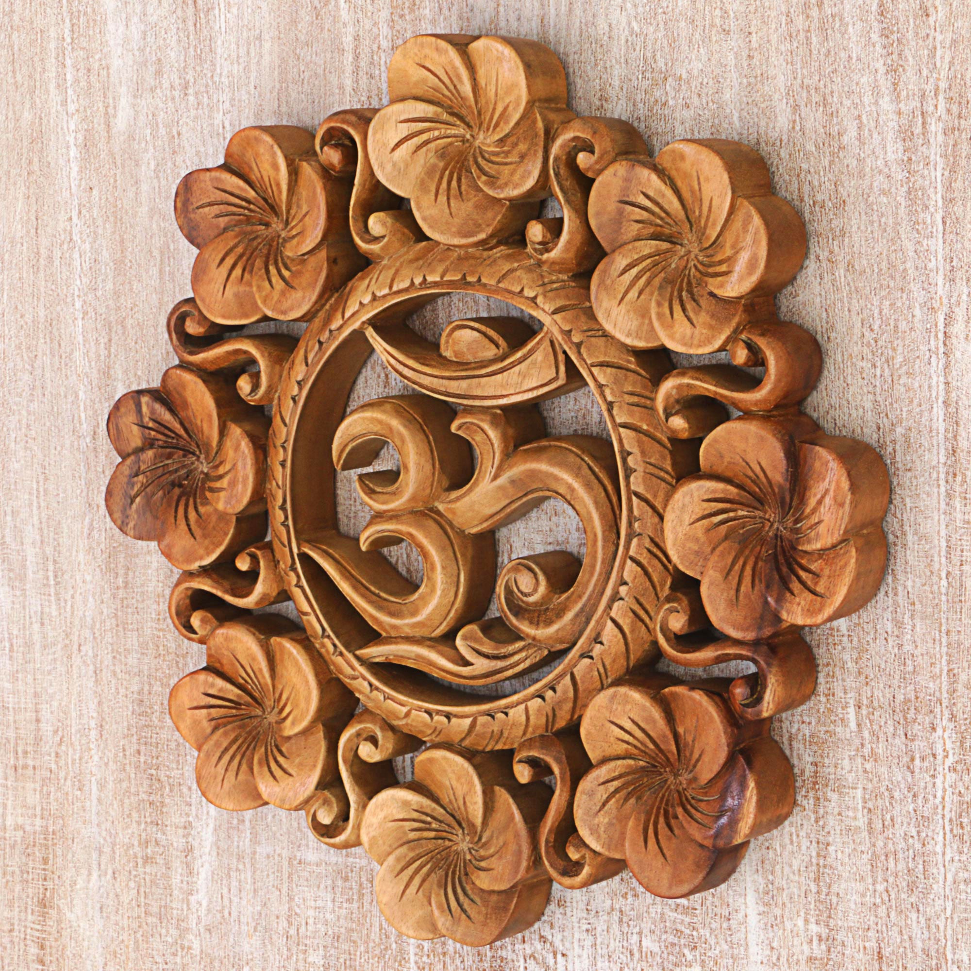Premium Suar Wood Om Wall Relief – Handcrafted Floral Art from Indonesia
