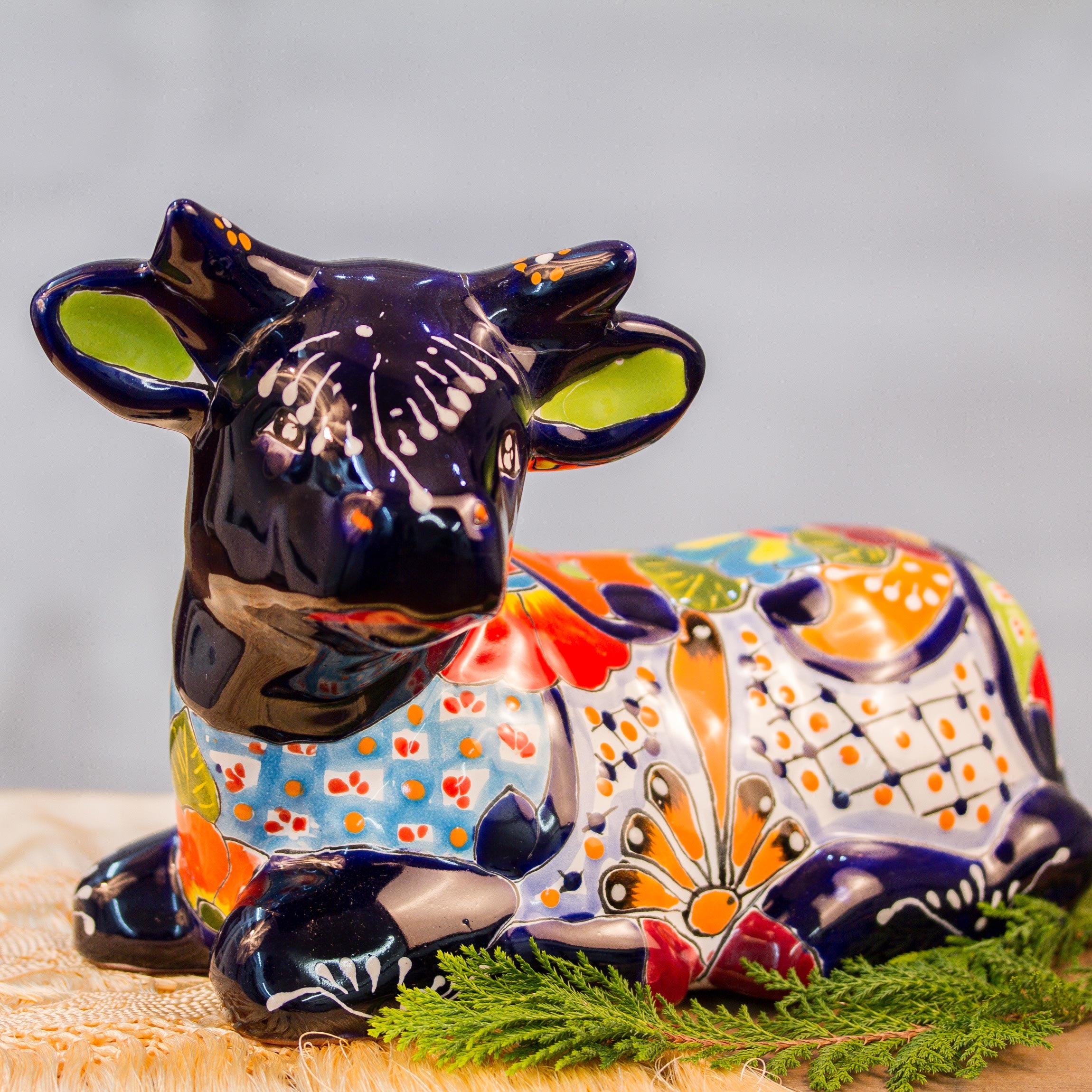 Premium Hand-Painted Talavera Ceramic Cow Sculpture – Vibrant Mexican Artisan Decor