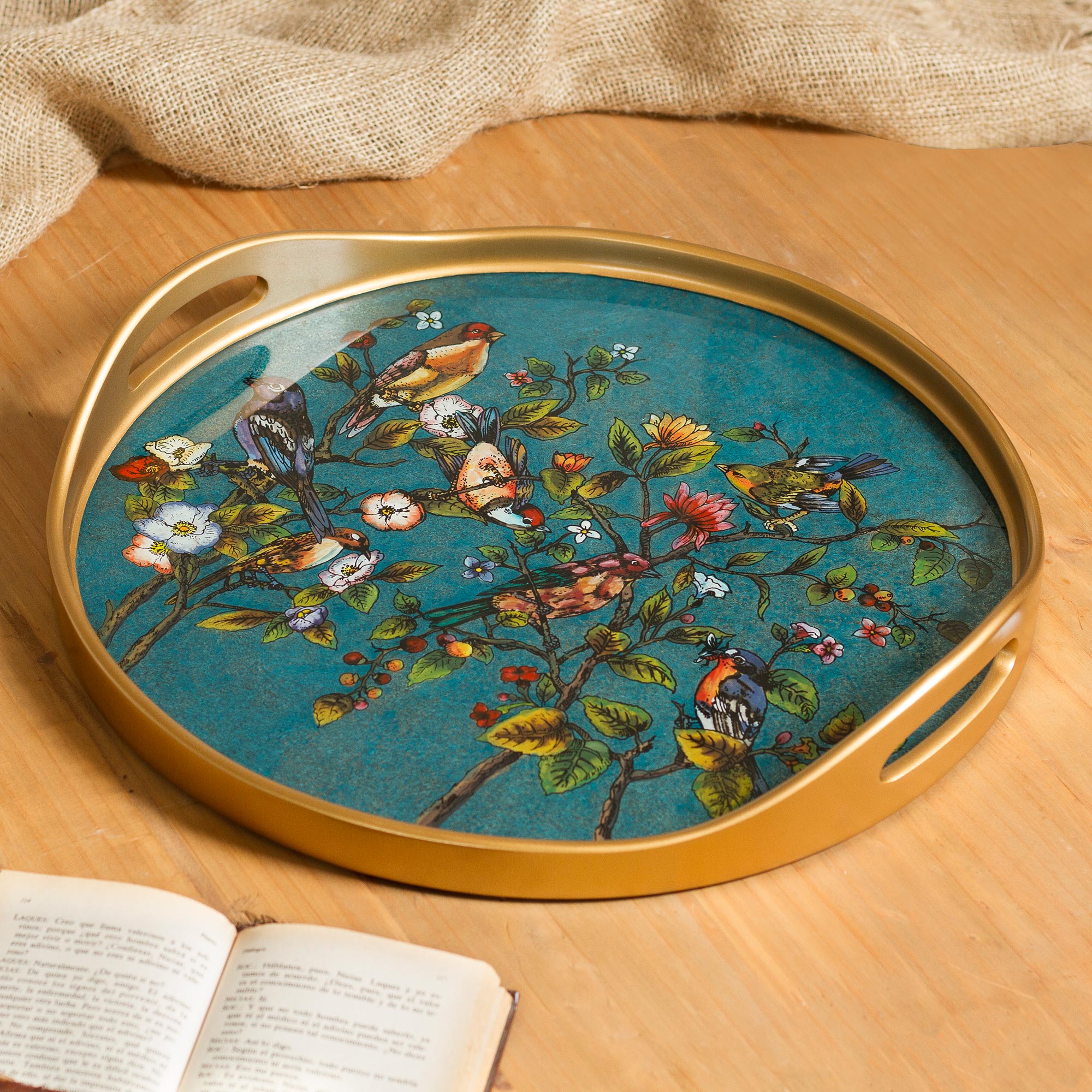Premium Turquoise Floral & Bird Reverse-Painted Glass Tray - Handcrafted in Peru