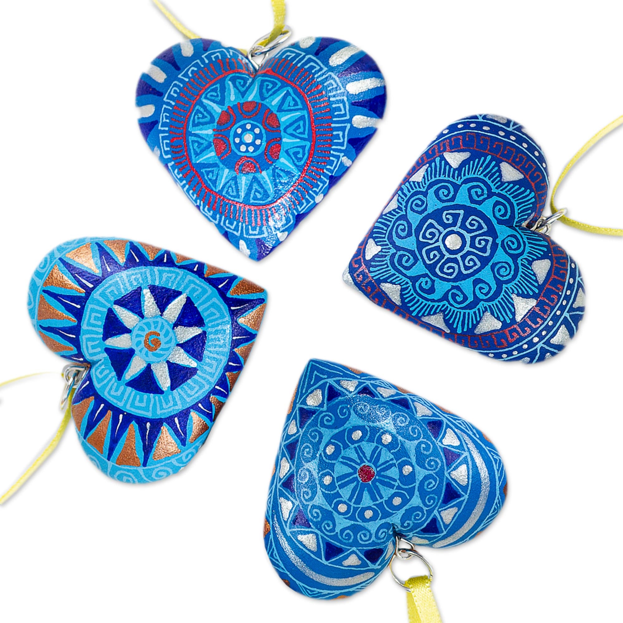 Premium Hand-Painted Blue Zapotec Heart Ornaments - Set of 4