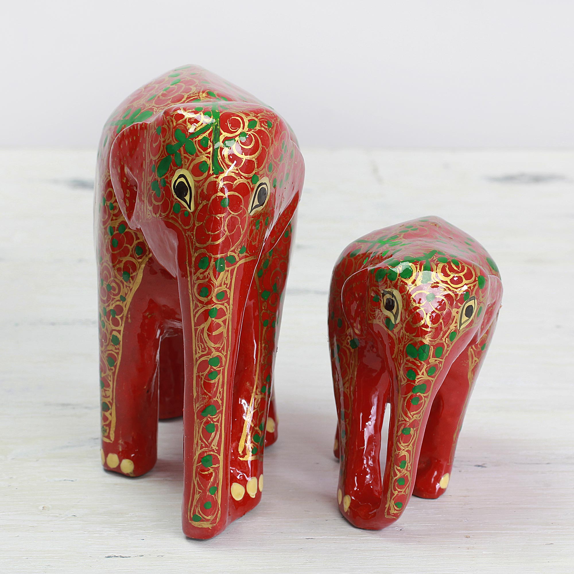 Premium Indian Handcrafted Mother & Baby Elephant Sculpture Set - Floral Design
