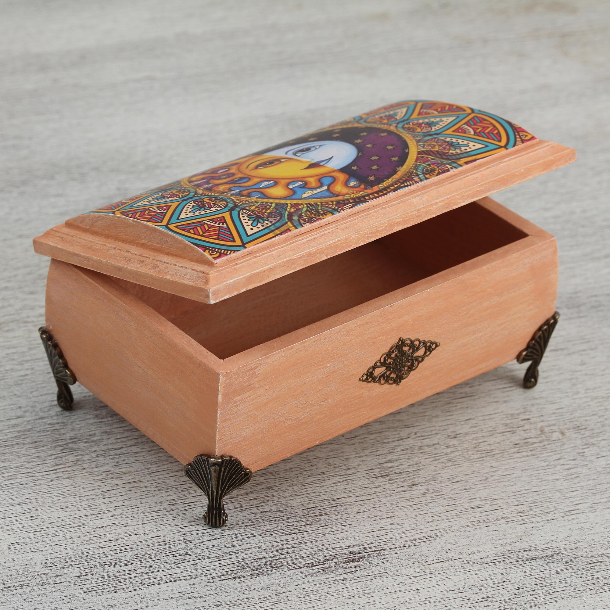 Premium Handcrafted Sun & Moon Decoupage Wood Box – Mexican Artisan Design