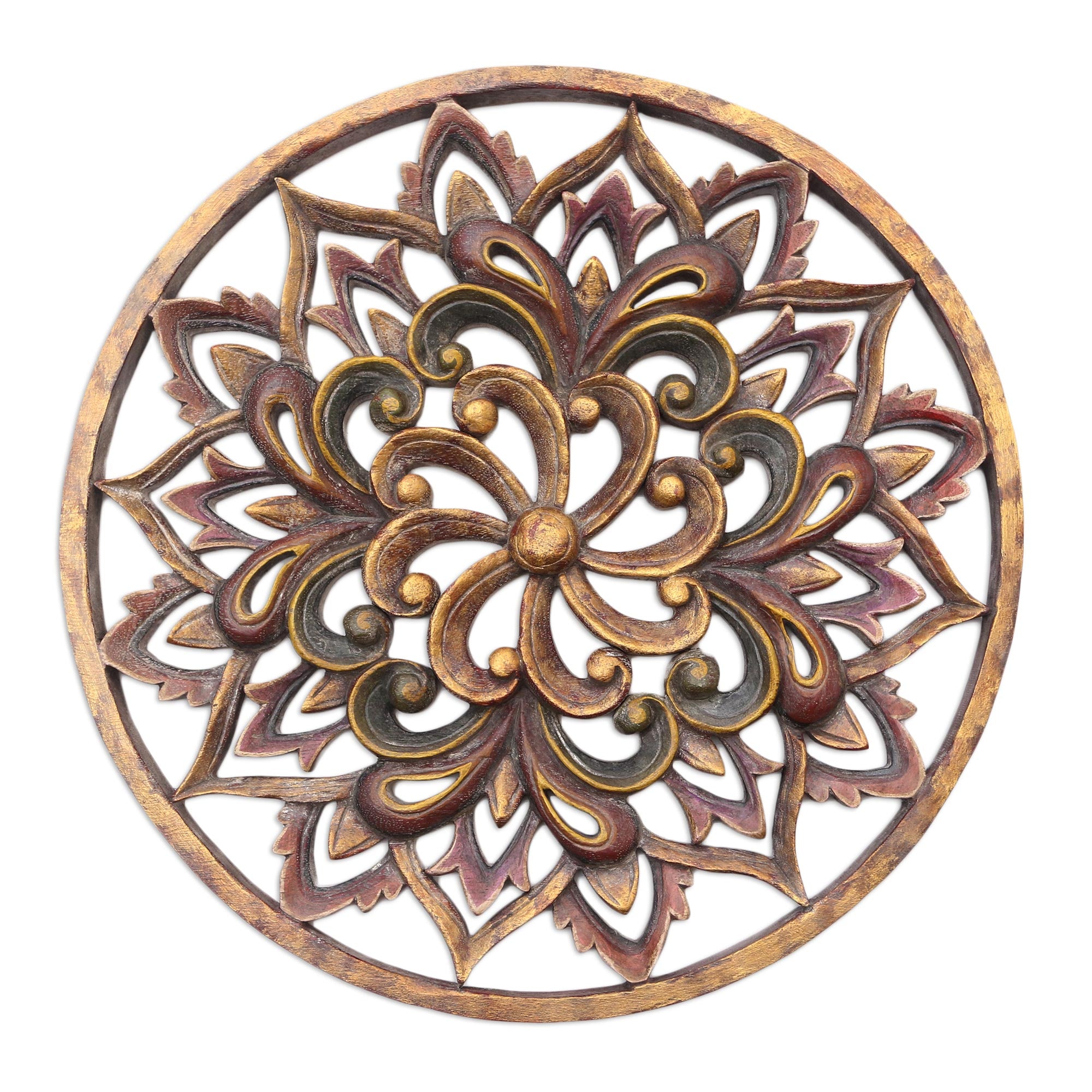 Premium Twilight Flower Hand-Carved Suar Wood Wall Art Panel