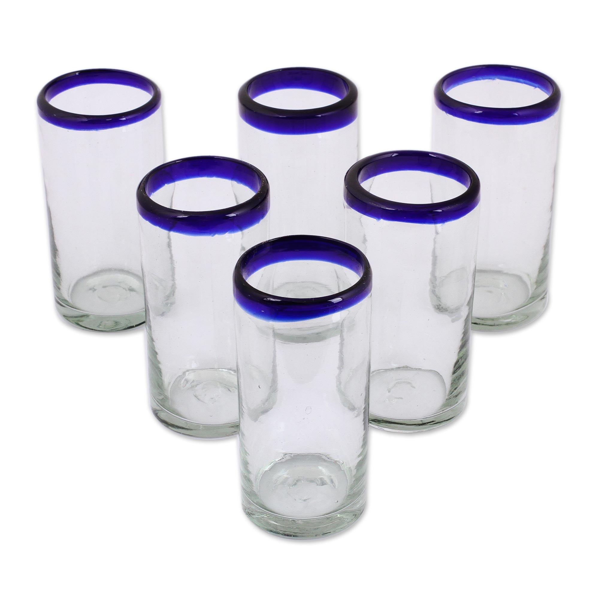 Premium Handblown Cobalt Blue Rim Highball Tumbler Set - Unique Glassware