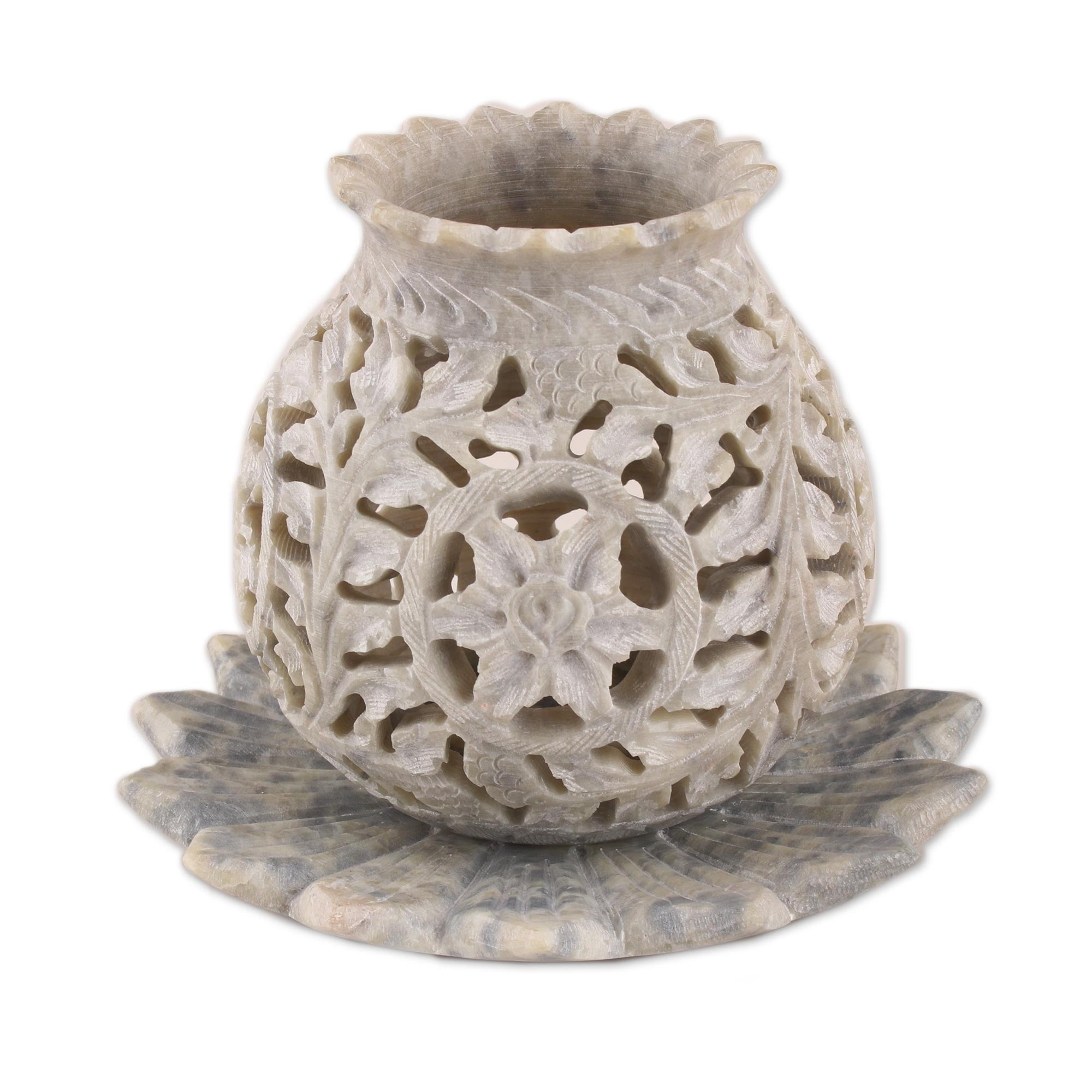 Premium Hand-Carved Soapstone Tealight Holder - Floral Lotus Design