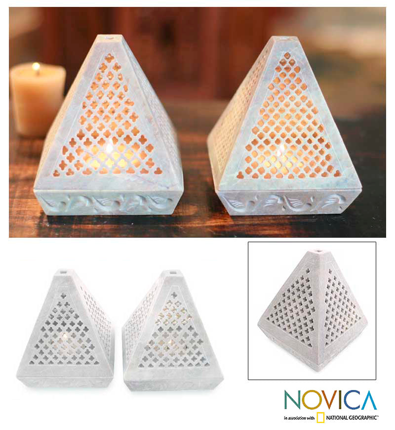 Premium Lace Pyramid Jali Soapstone Candle Holders - Modern Home Decor