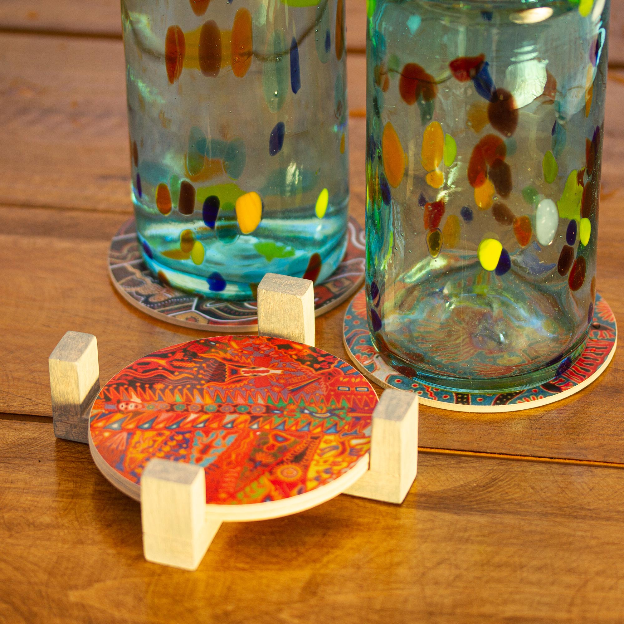 Premium Huichol Multicolored Pinewood Coasters Set with Holder