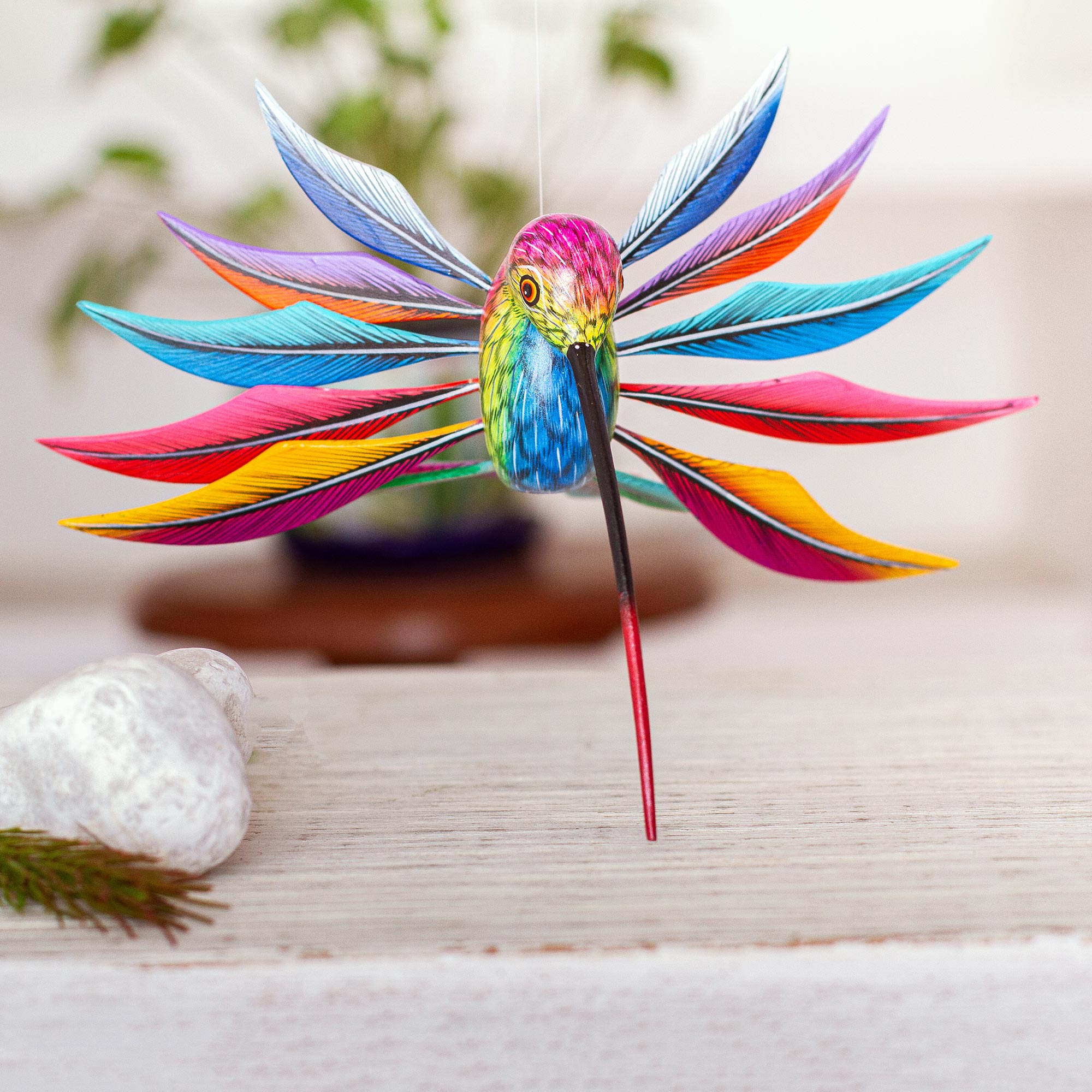 Premium Rainbow Hummingbird Alebrije - Handcrafted Multicolored Wood Art