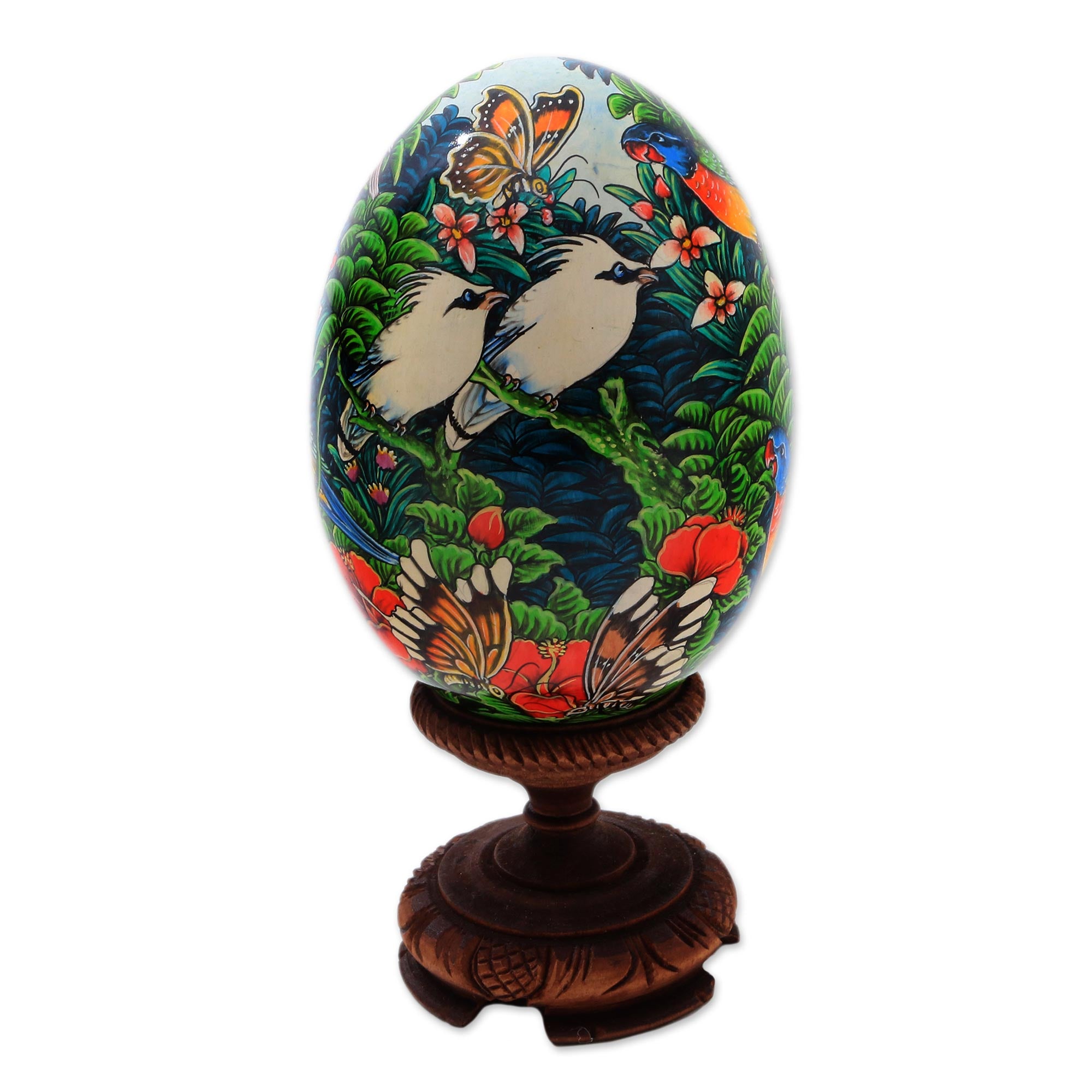 Premium Hand-Painted Albesia Wood Forest Animal Egg Sculpture - Unique Artisan Craft