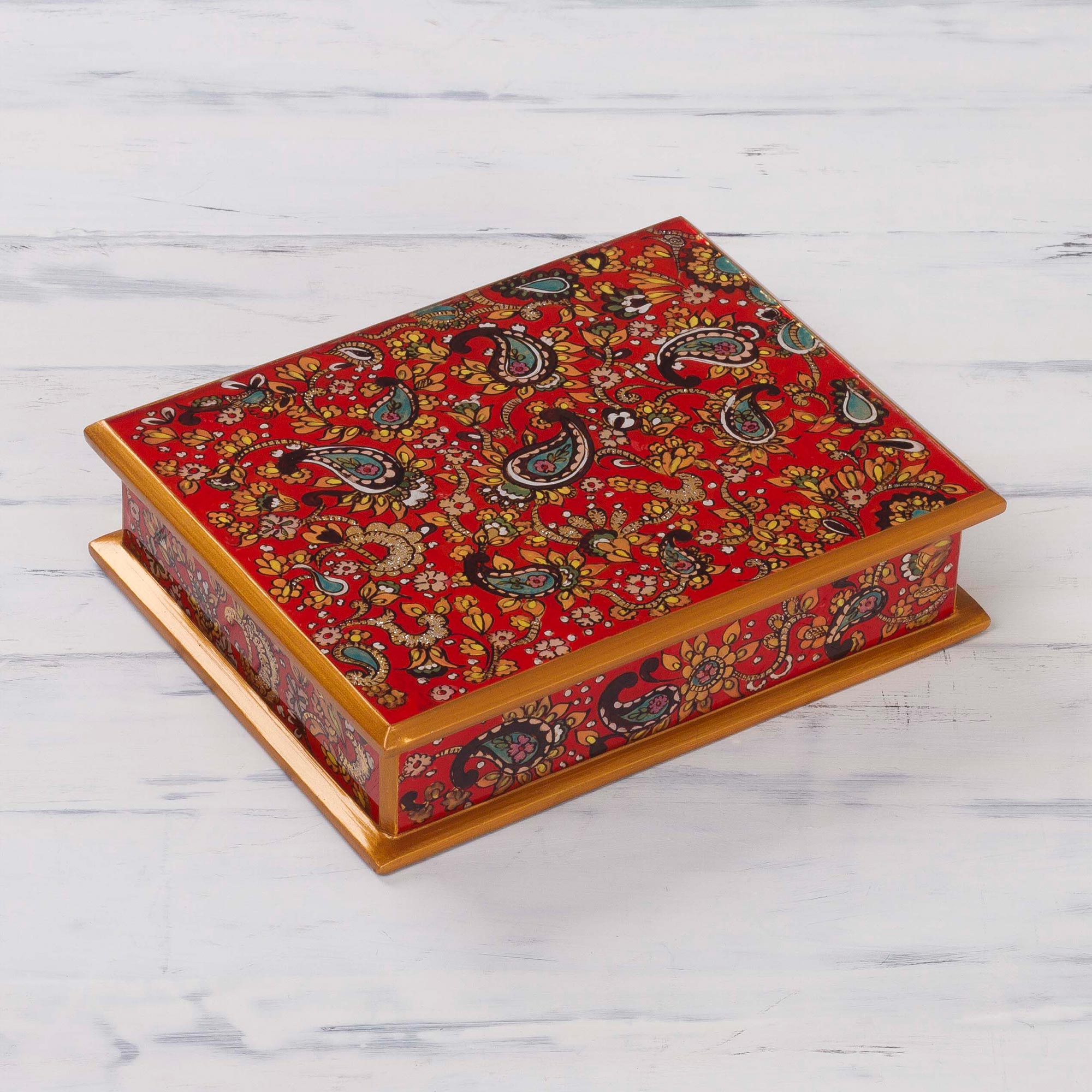 Premium Handcrafted Peruvian Wood Jewelry Box - Fiery Red Reverse-Painted Glass
