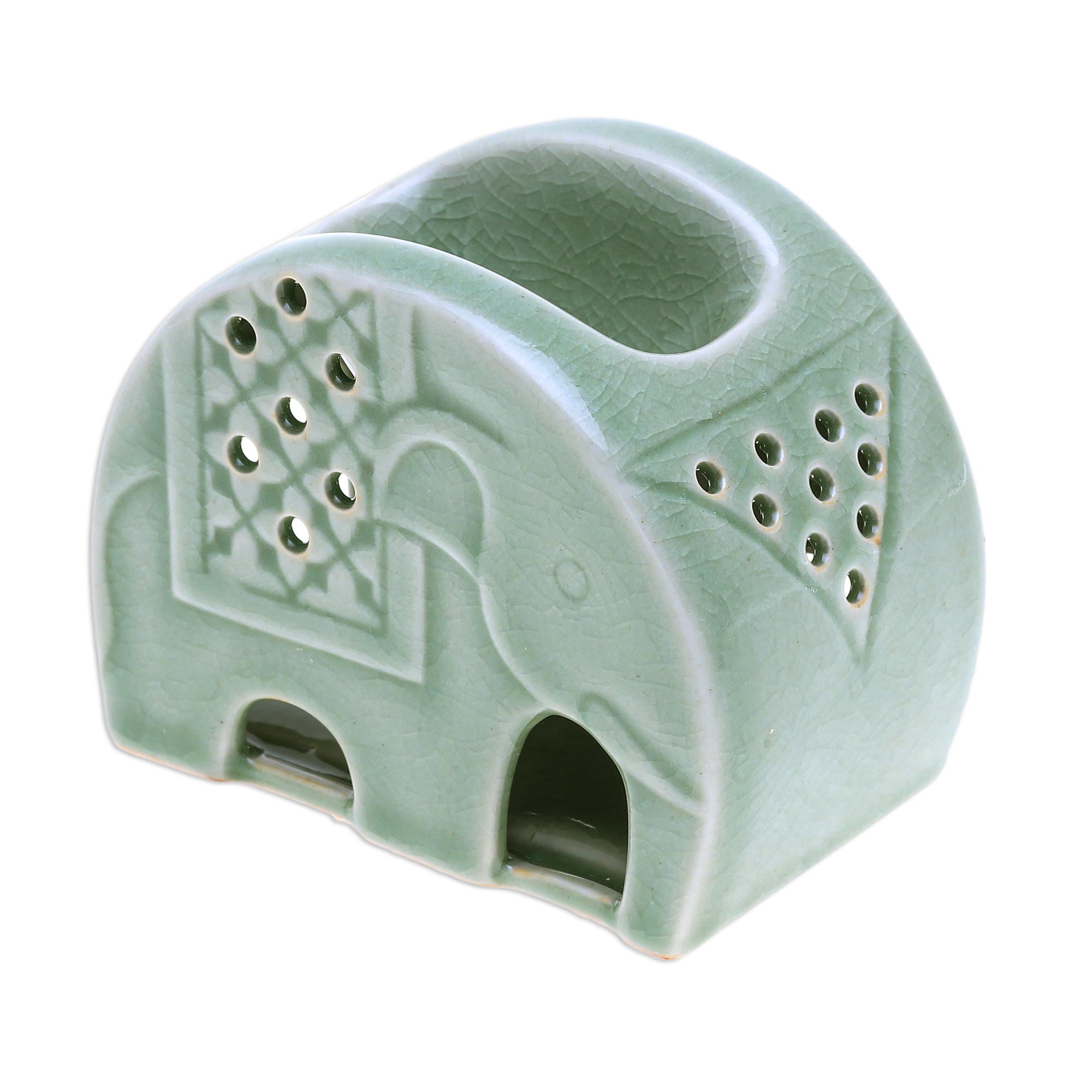Premium Celadon Ceramic Elephant Oil Warmer - Handcrafted in Thailand