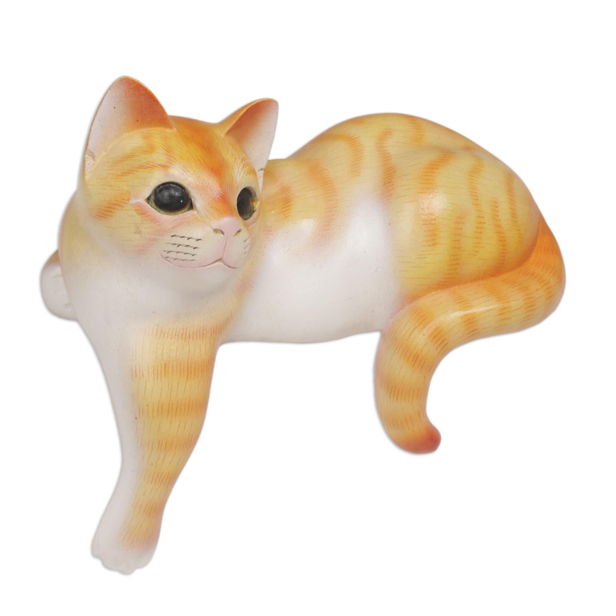 Premium Hand-Carved Orange Cat Sculpture - Authentic Bali Suar Wood Art