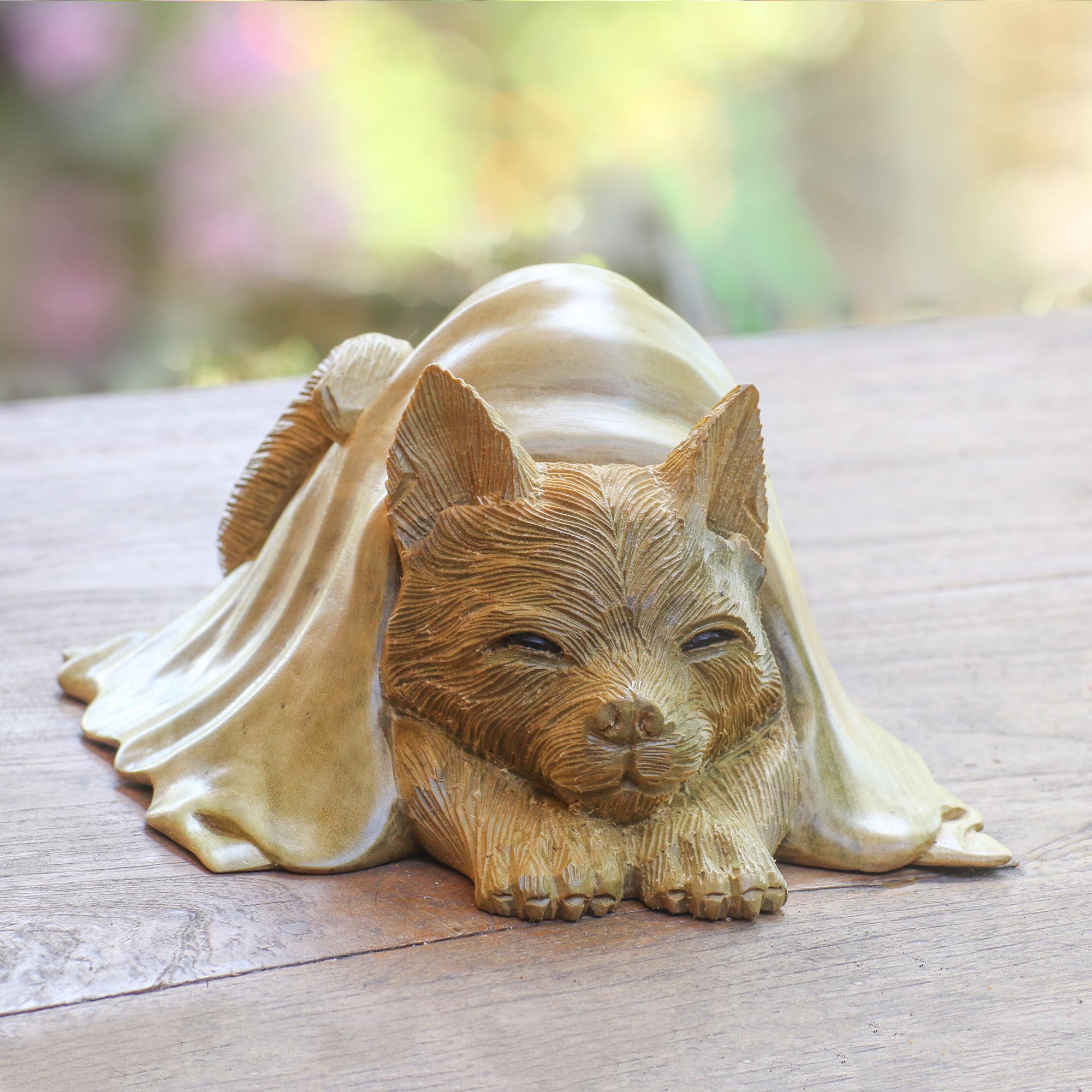 Premium Hand-Carved Hibiscus Wood Cat Sculpture - Cozy Cat in Blanket by Nyoman Sudiana