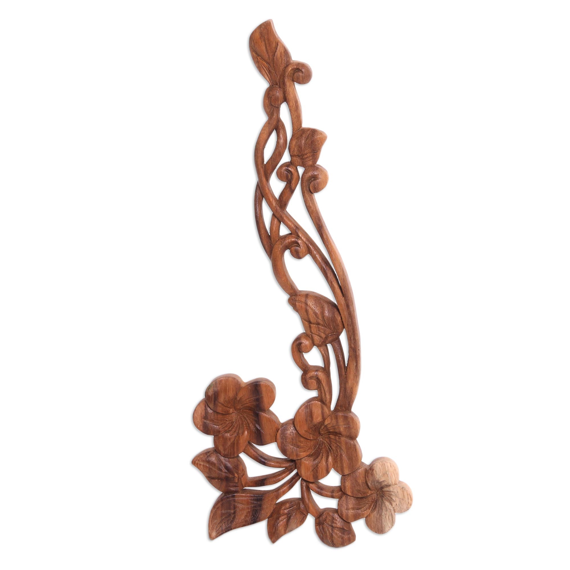 Premium Hand-Carved Frangipani Floral Suar Wood Wall Art Panel