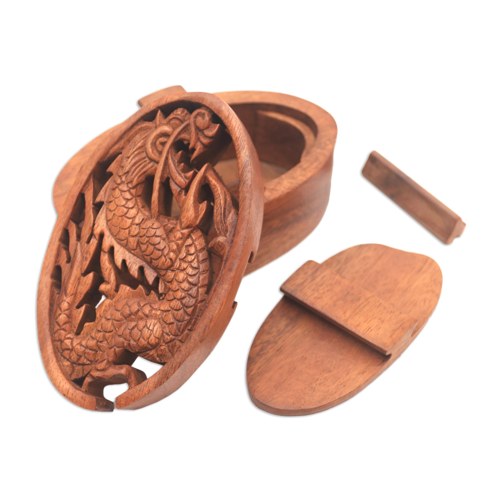 Premium Dragon-Themed Suar Wood Puzzle Box - Handcrafted Oval Design from Bali