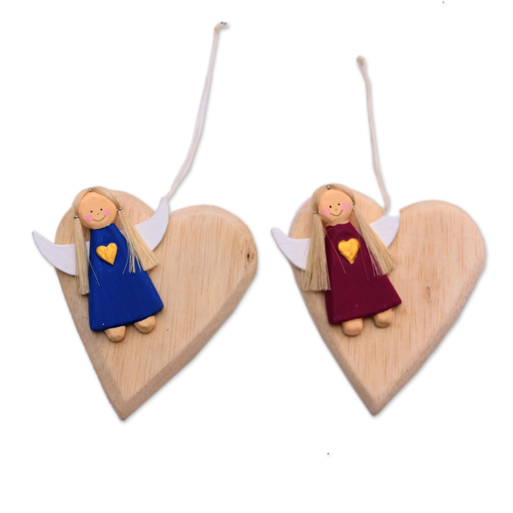 Premium Heart-Shaped Angel Ornaments - Handcrafted Albesia Wood from Bali (Pair)