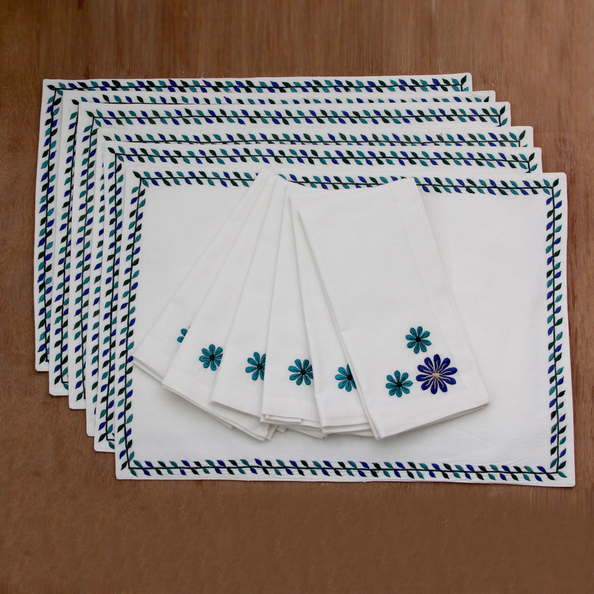 Premium Morning Blossoms Embroidered Cotton Table Set (6 Placemats & Napkins)