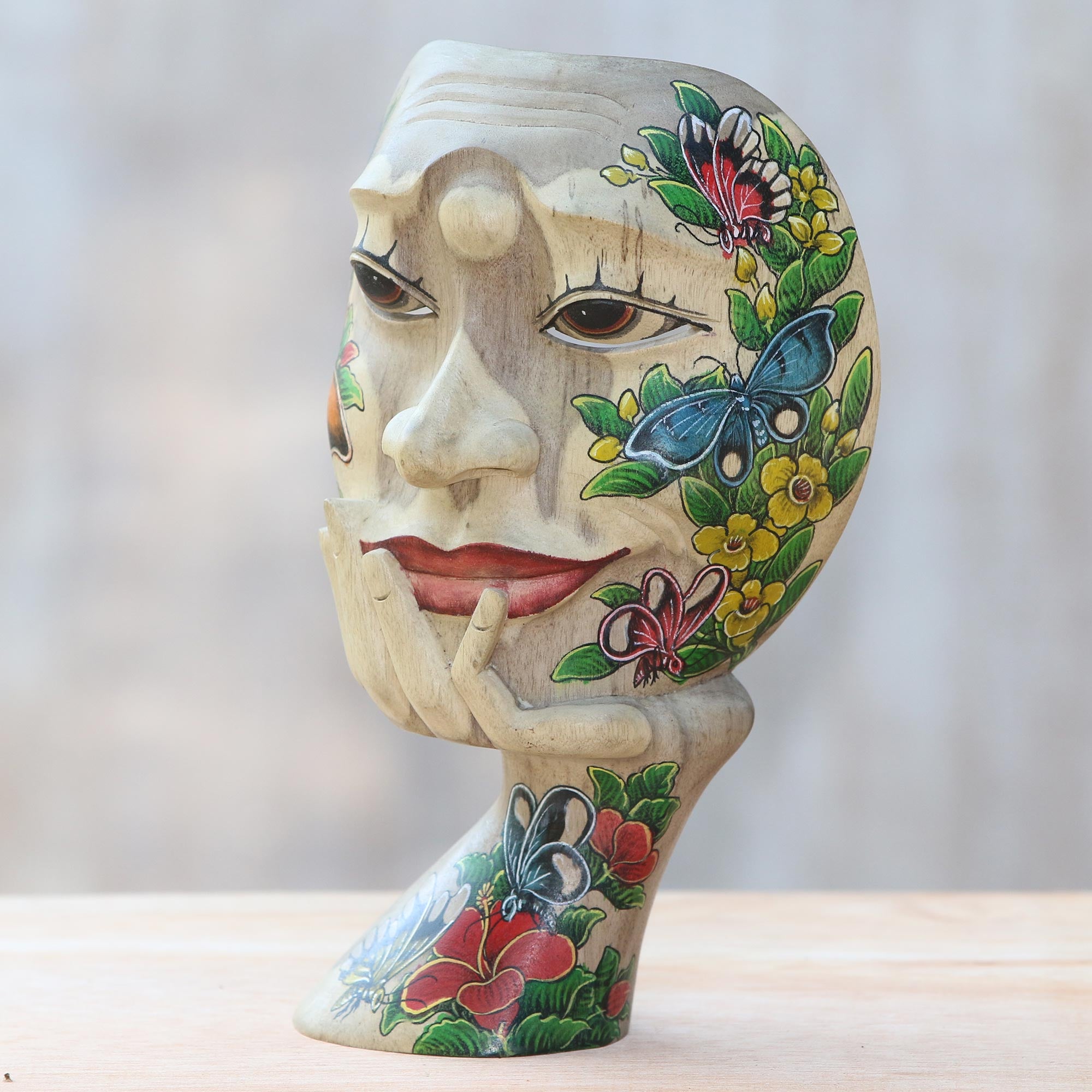 Premium Hand-Carved Hibiscus Wood Floral Butterfly Tabletop Mask