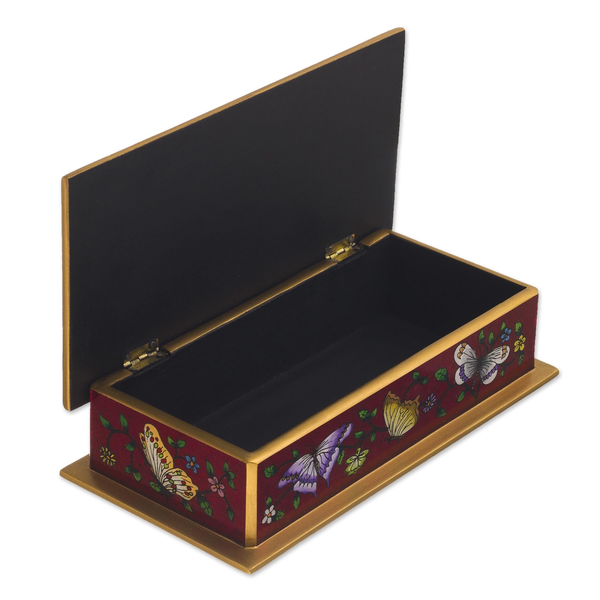 Premium Burgundy Reverse-Painted Glass Decorative Box with Butterflies
