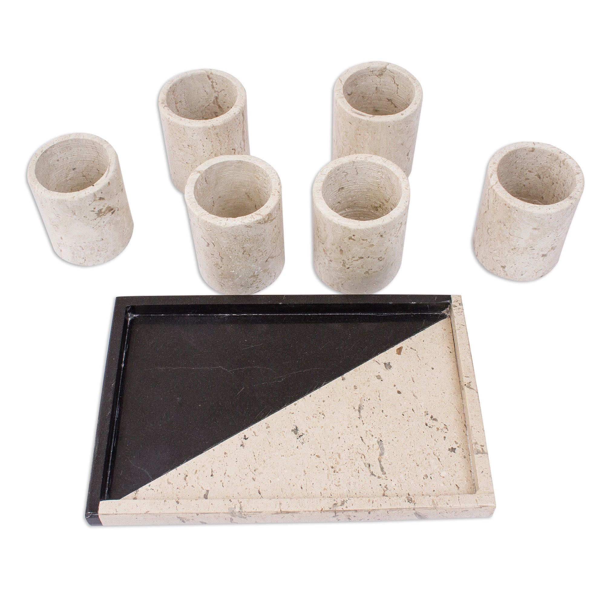 Premium Handcrafted Beige Marble Tequila Glasses with Oblique Tray - Set of 6