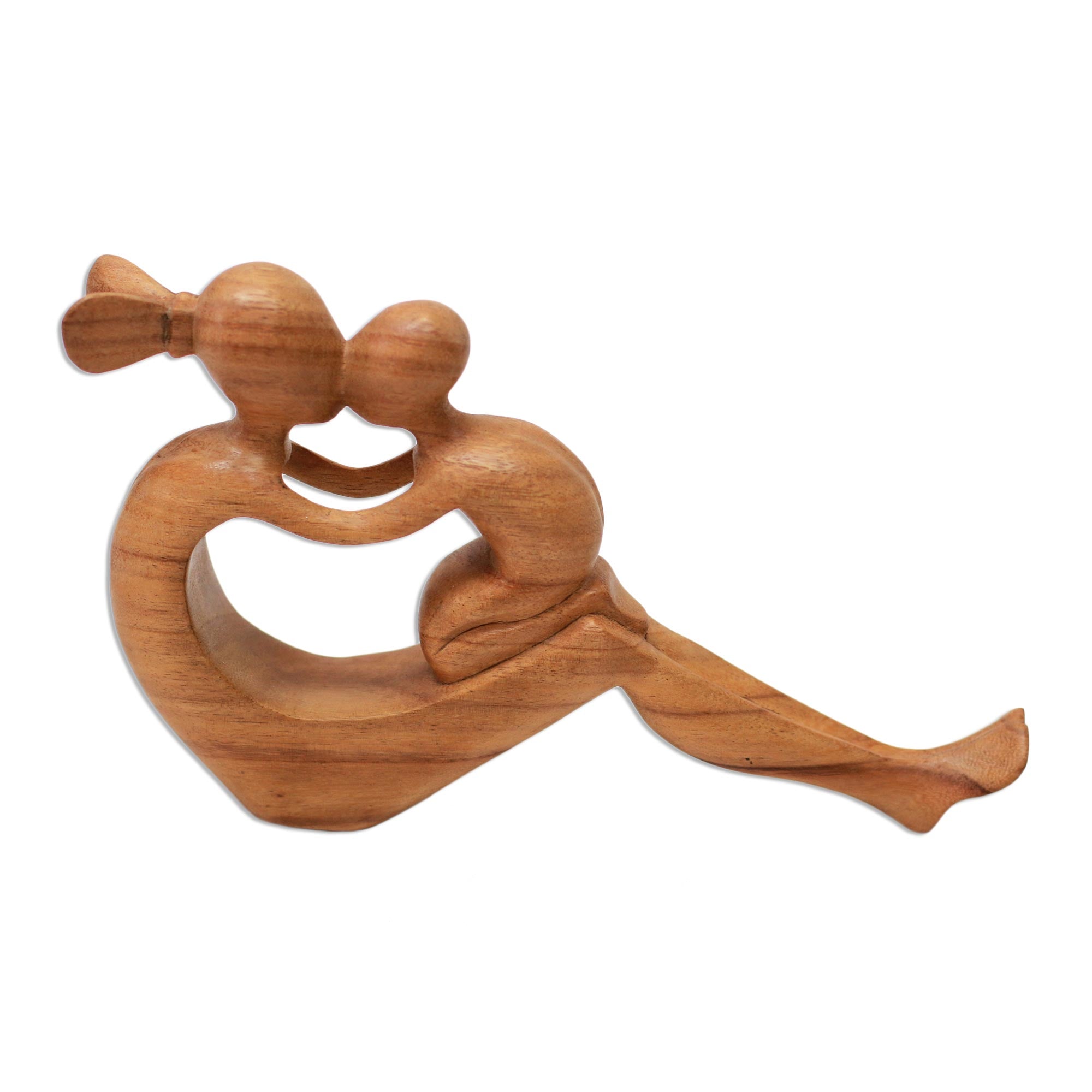 Premium Hand-Carved Mother & Child Suar Wood Sculpture - Natural Grain, Signed by Balinese Artist