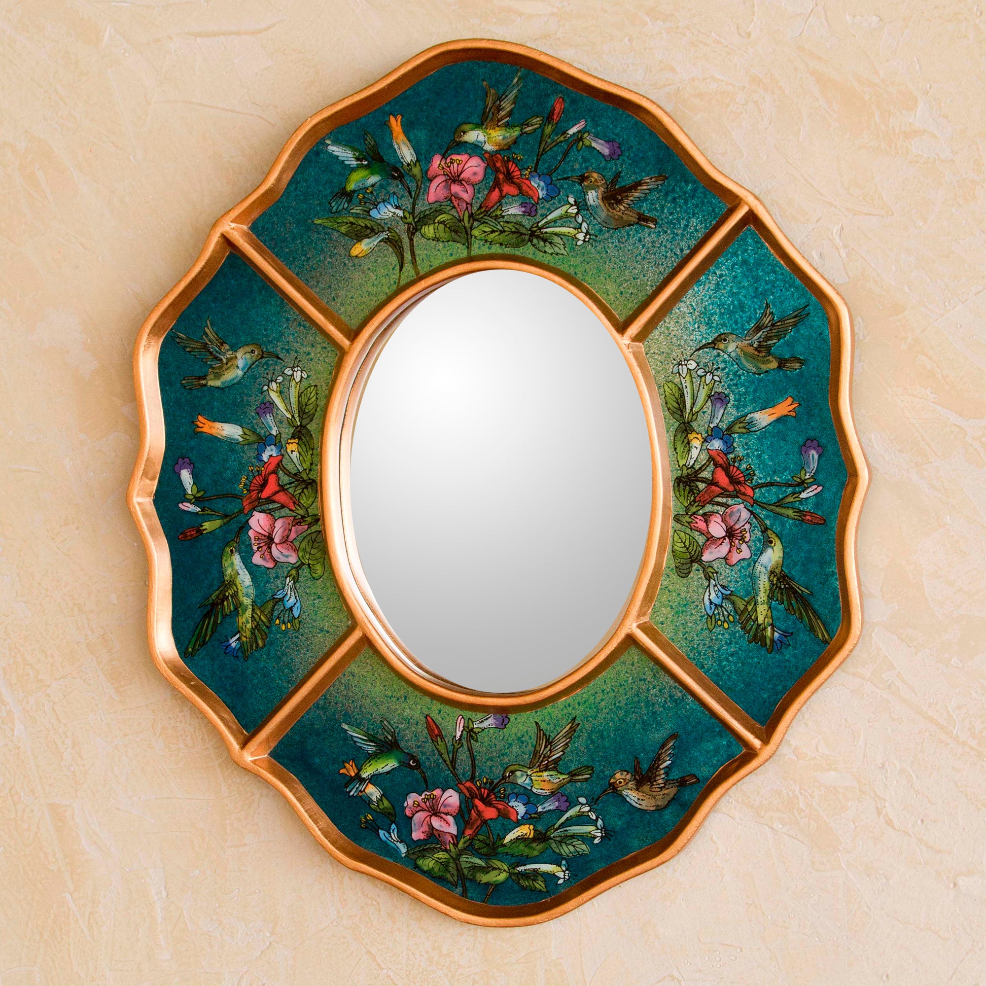 Premium Turquoise Hummingbirds Artisan Glass Wall Mirror - Unique Peruvian Design