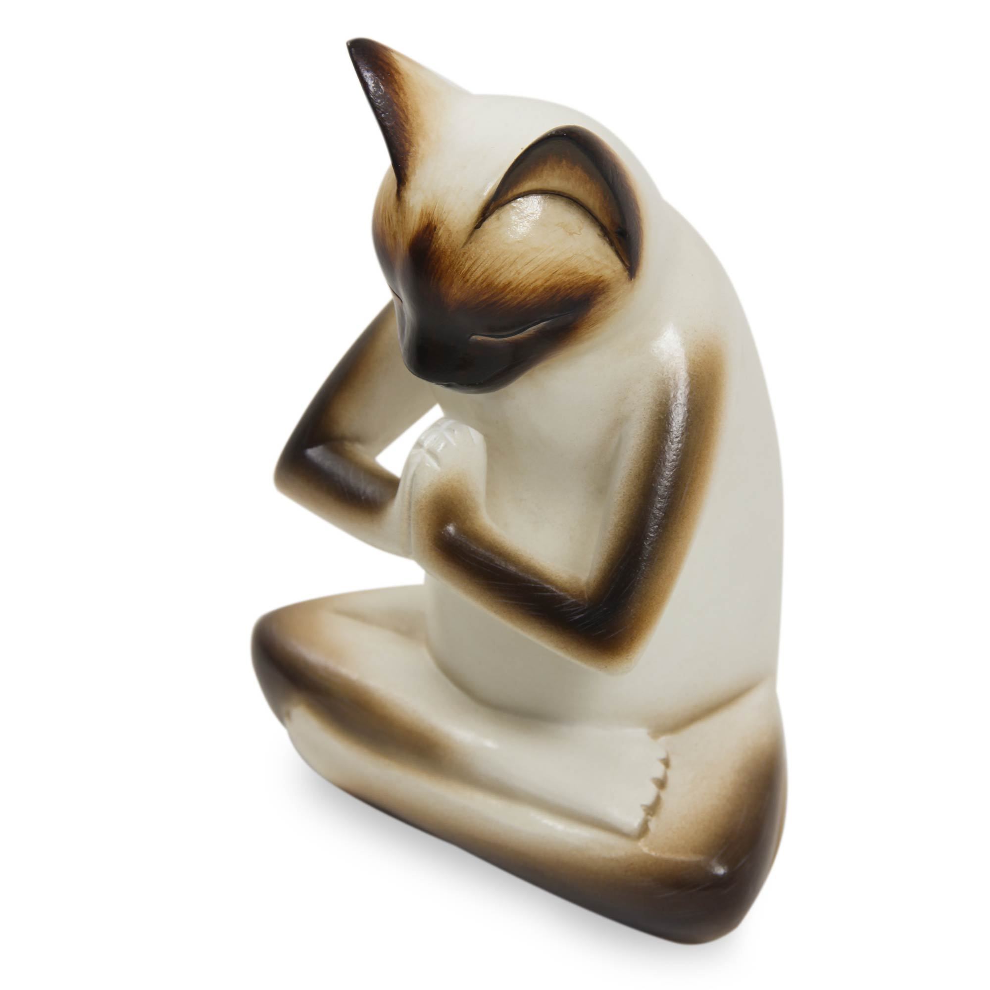 Premium Meditating Siamese Cat Sculpture - Handcrafted Albesia Wood Art